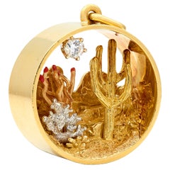 Bryson 1989 Diamond 18K Tri-Colored Gold Vintage Desert Cactus Pendant Charm