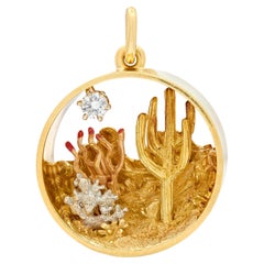 Bryson 1989 Diamond 18K Tri-Colored Gold Vintage Desert Cactus Pendant Charm