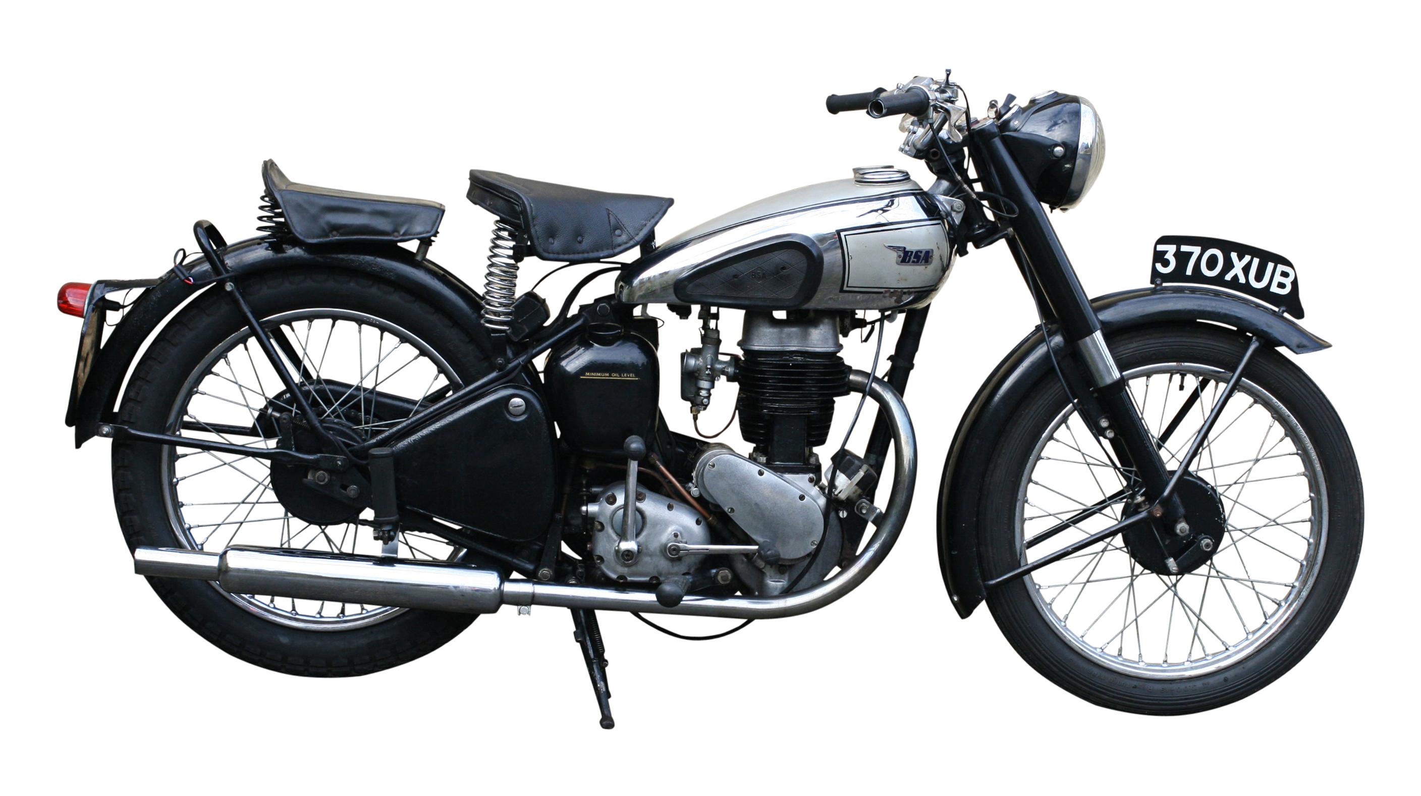 BSA C11 250cc Motorcycle.
A 1946 BSA C11, 250cc single-cylinder ohv motorcycle manufactured by the British company BSA (Birmingham small arms company). The C11 was developed before the second world war from the sidevalve C10, it was launched in
