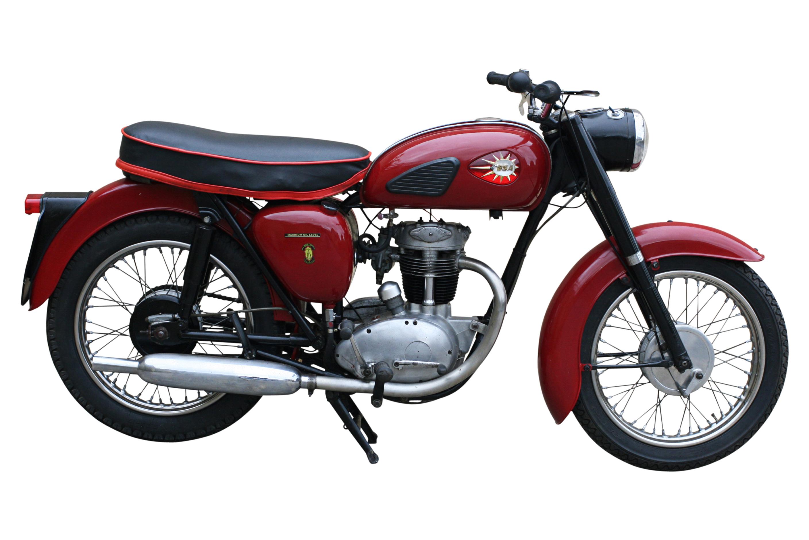 A 1962 BSA C15, 250cc single-cylinder ohv motorcycle manufactured by the British company BSA. They were manufactured from 1958 until 1967, and was BSA's first four-stroke unit-construction bike. Tax and MOT exempt, in good condition, deep red in