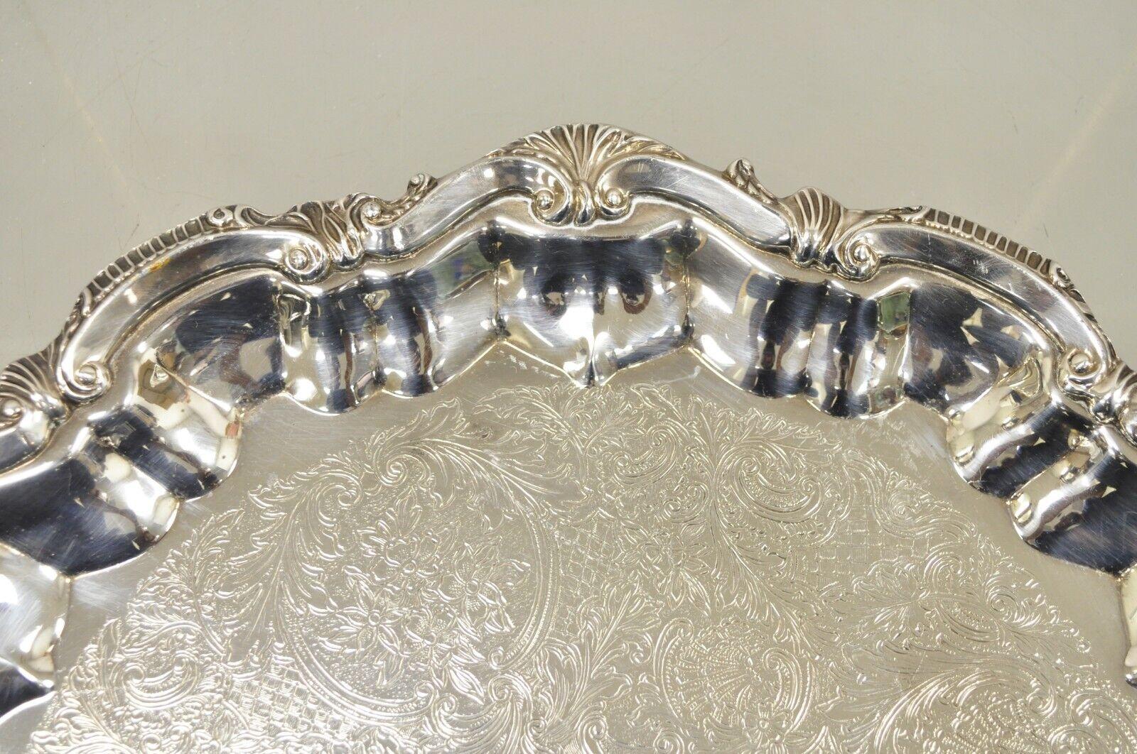 20th Century BSC English Silver Plated Victorian Style Round Scalloped Serving Platter Tray For Sale