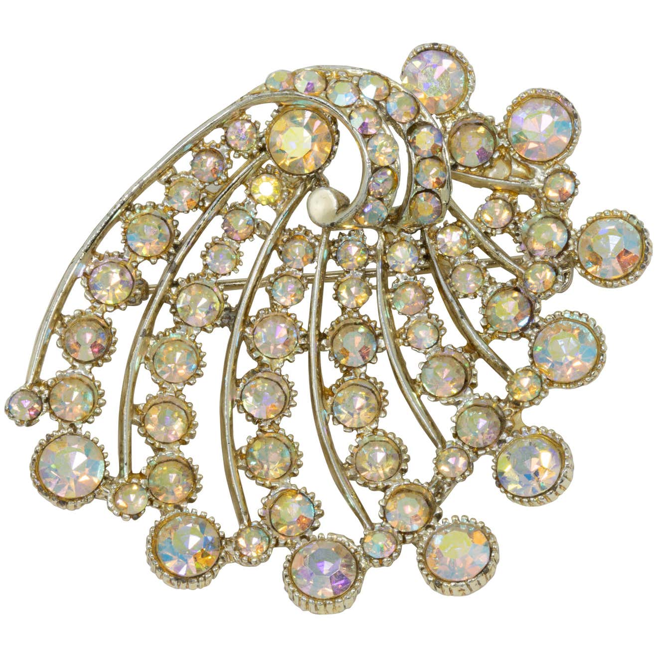 BSK Aurora Borealis Crystal Stylized Shell Pin Brooch, Mid 1900s For ...