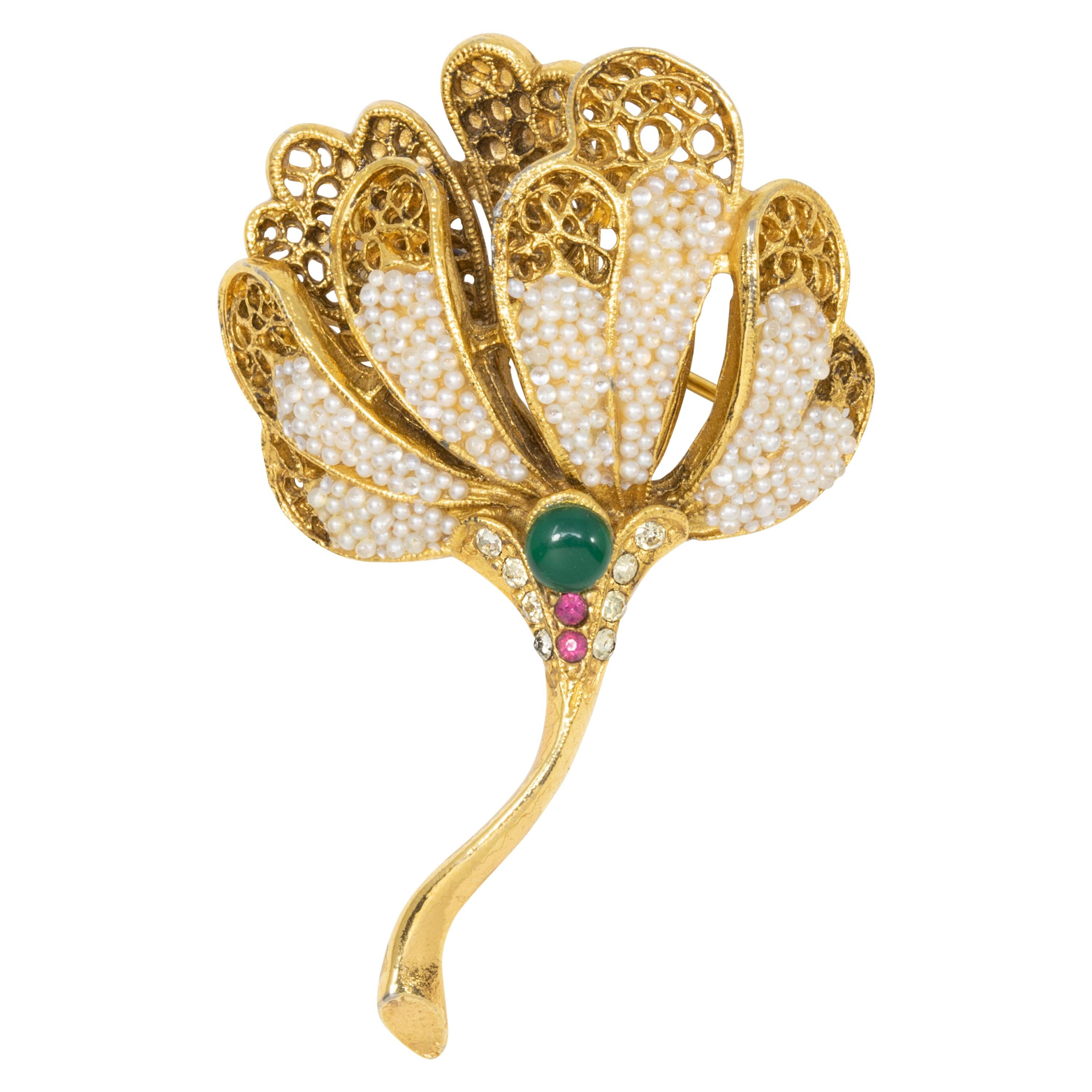 BSK Bead Encrusted Filigree Flower Pin with Emerald Cabochon and Rose Crystals