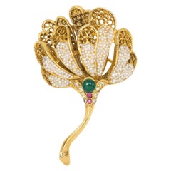 Vintage BSK Bead Encrusted Filigree Flower Pin with Emerald Cabochon and Rose Crystals