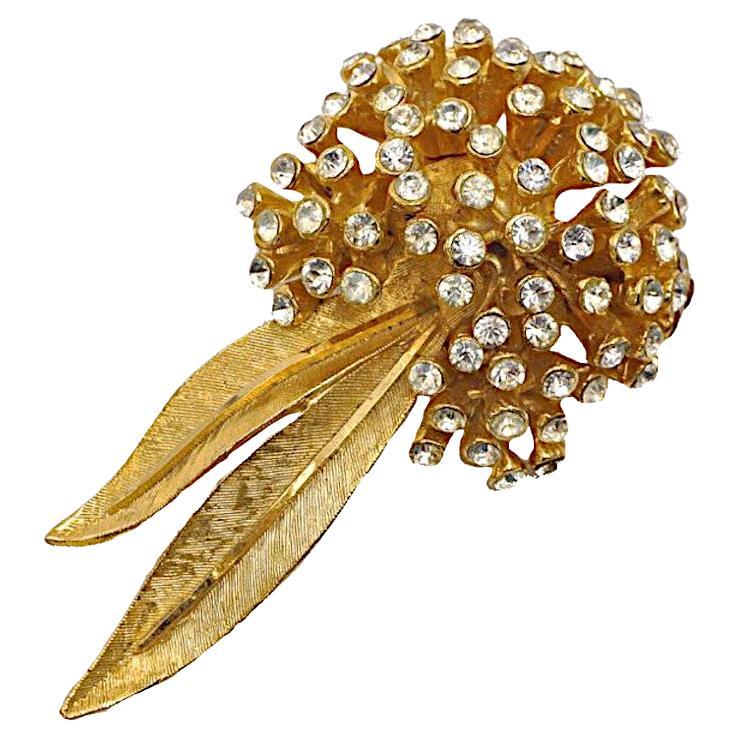 BSK Brushed and Shiny Gold Plated Clear Rhinestone Spray Statement Brooch For Sale