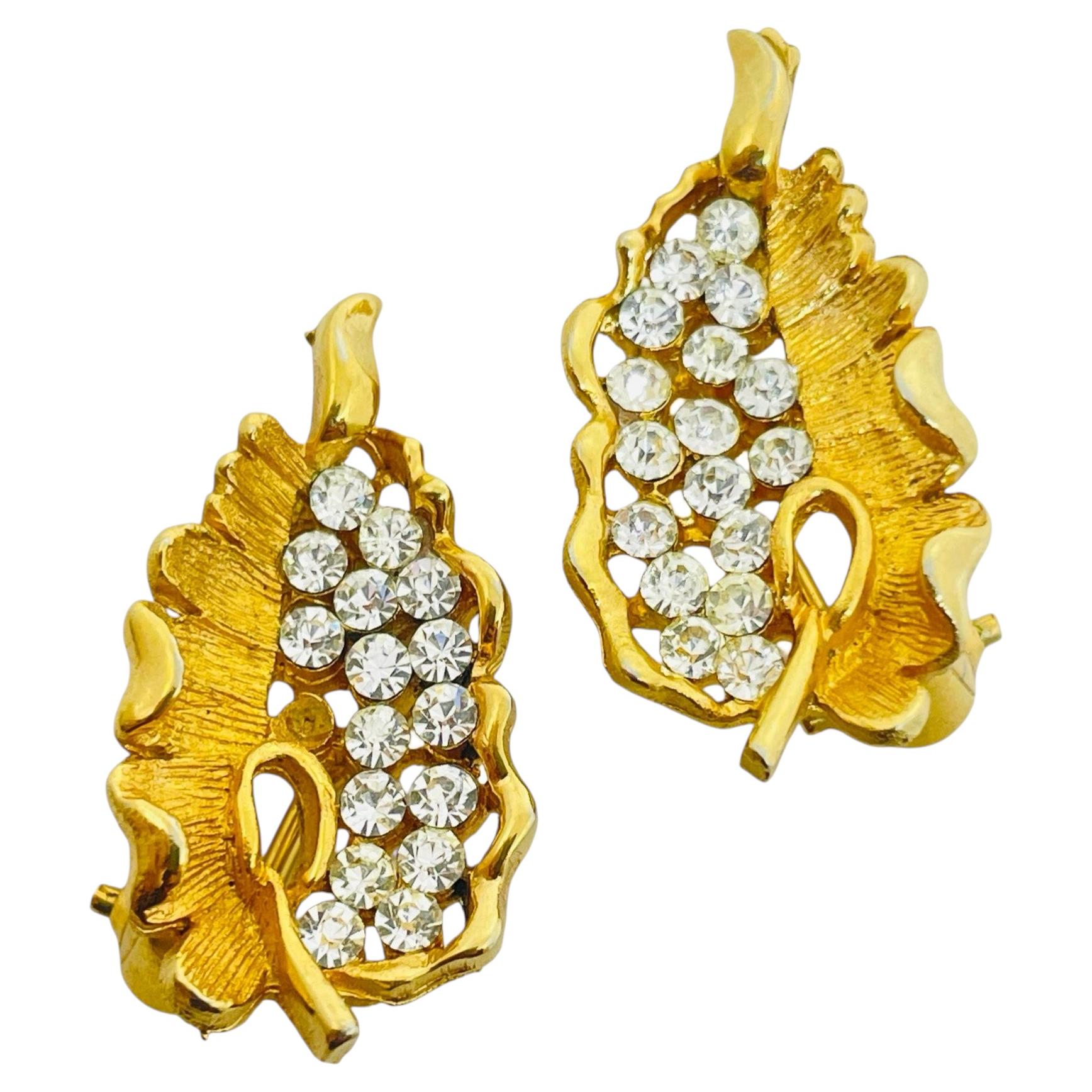BSK signed vintage gold tone rhinestones leaf designer clip on earrings