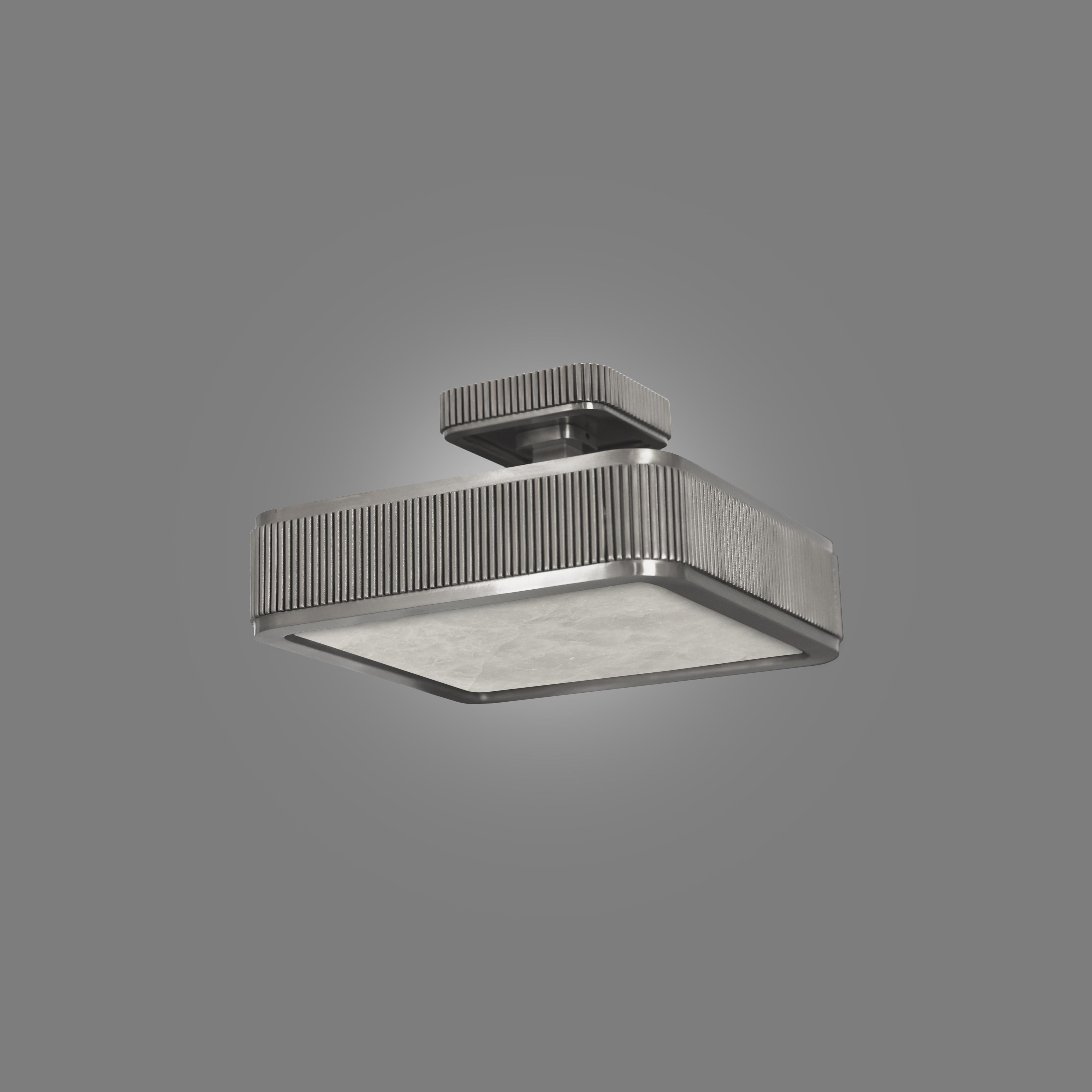 BSO10 semi-flush mount with rock crystal panel.
Brushed nickel finish, four candelabra sockets installed, 160w total.
Three E12 sockets installed,180w total .
Custom size or metal finish upon request.

Created by Phoenix Gallery.