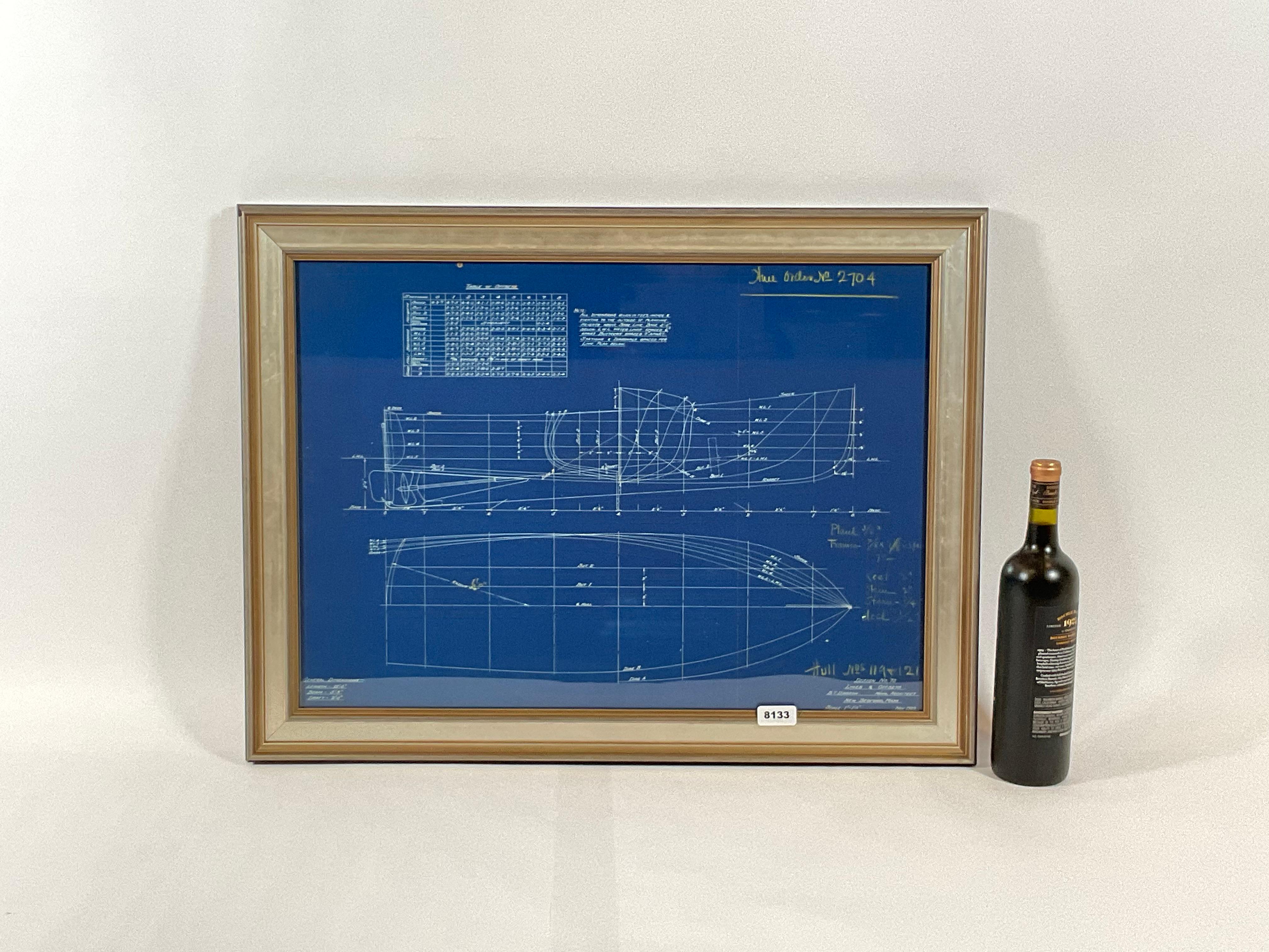 Original blueprint by naval architect Benjamin Dobson. This is identified as hull nos. 119 and 121, showing lines and offsets. This is a rich blue color, white outlines, also with handwritten details in yellow crayon. Dated lower right November