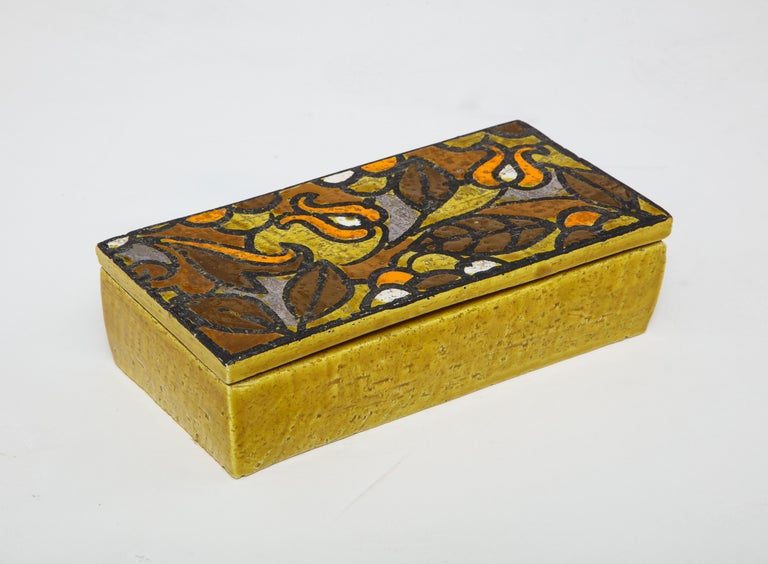 Mid-Century Modern Bitossi Floral, Mustard Yellow Ceramic Box, Signed For Sale