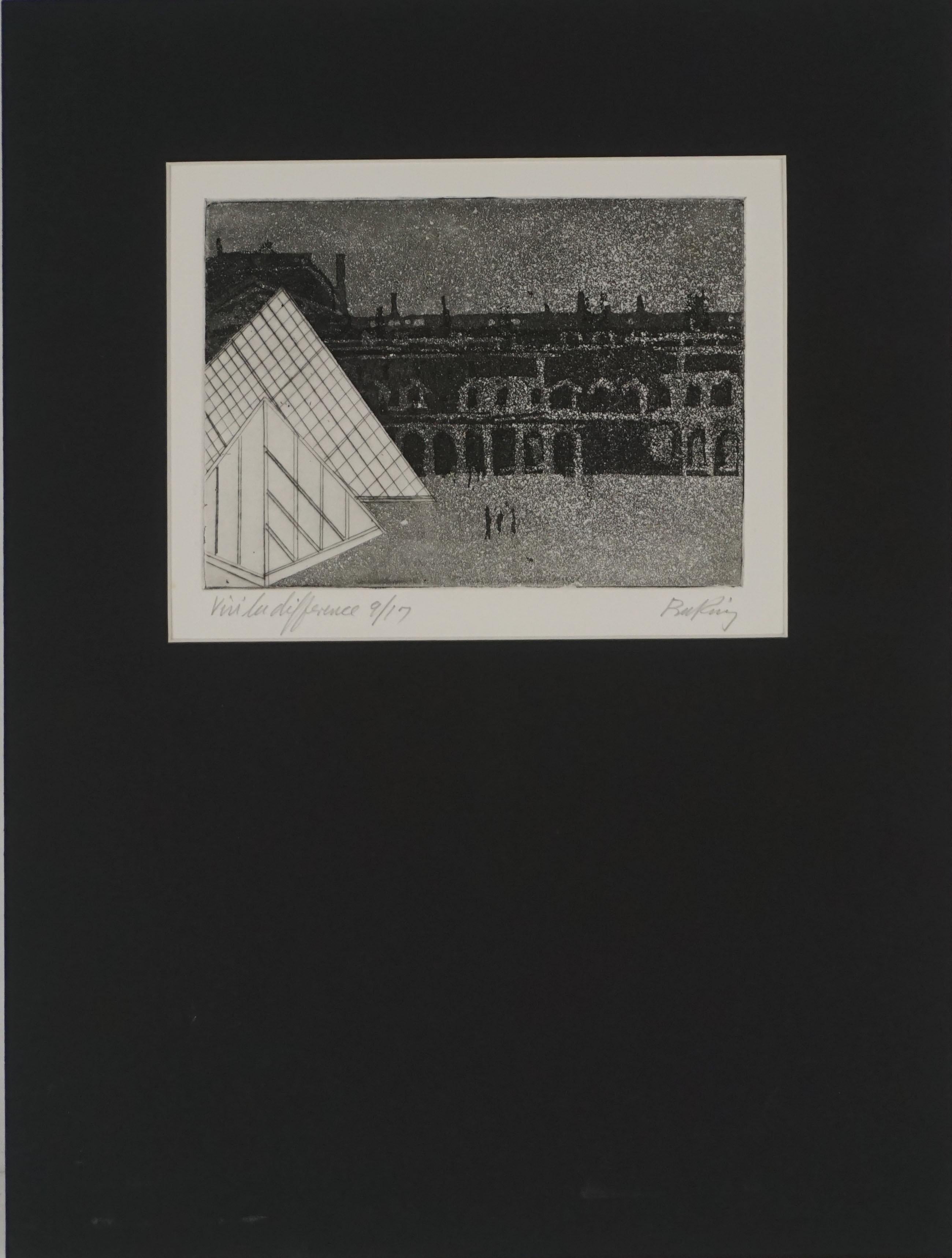 Litografía abstraída del Museo del Louve con las pirámides de E. A. M. Pei - Print de Bu King