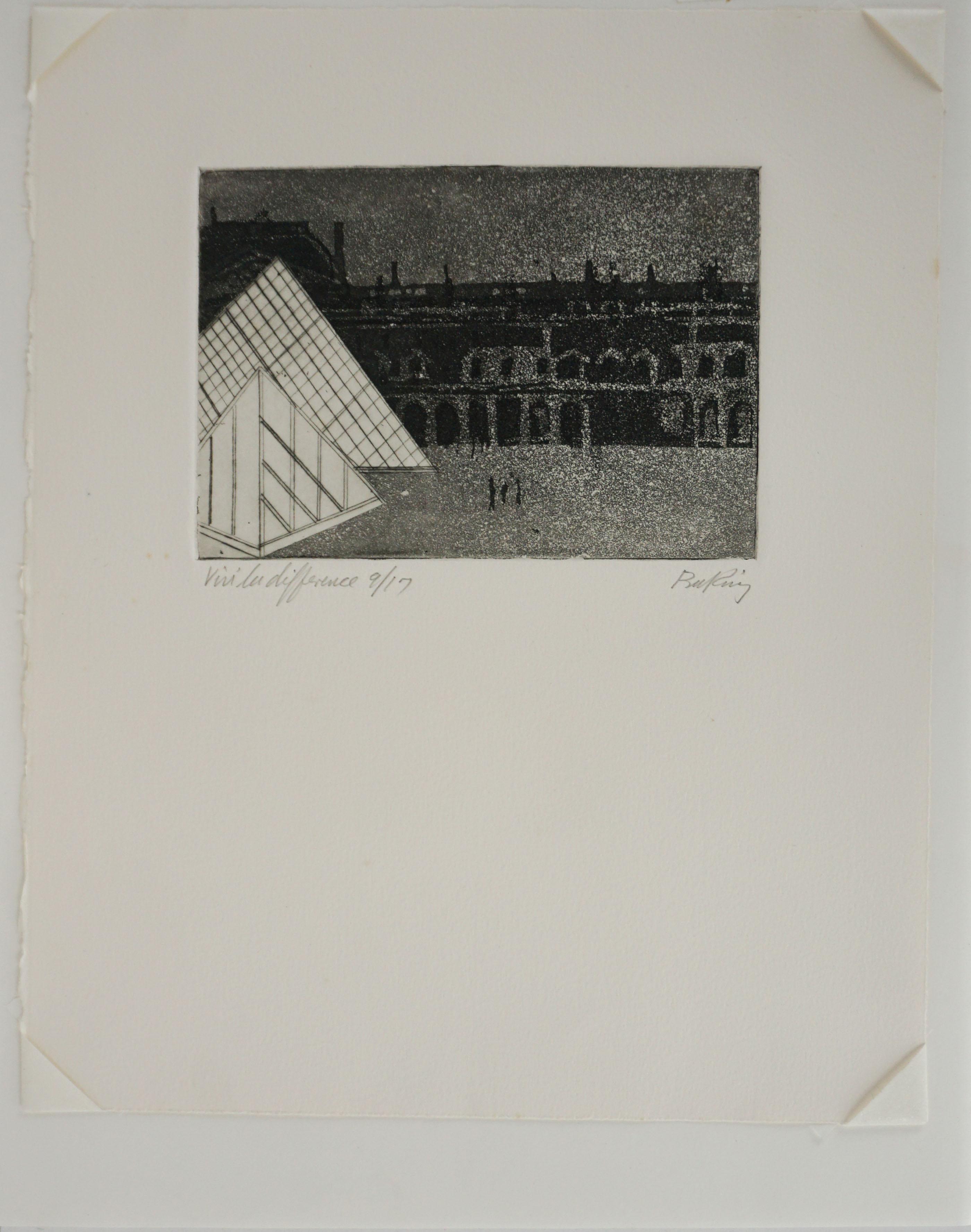 Litografía abstraída del Museo del Louve con las pirámides de E. A. M. Pei en venta 1