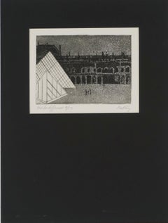 Litografía abstraída del Museo del Louve con las pirámides de E. A. M. Pei