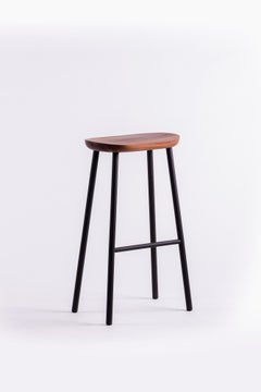 Buacheen, Natural Monkey Pod Wood Bar Stool with Black Powder Iron Legs