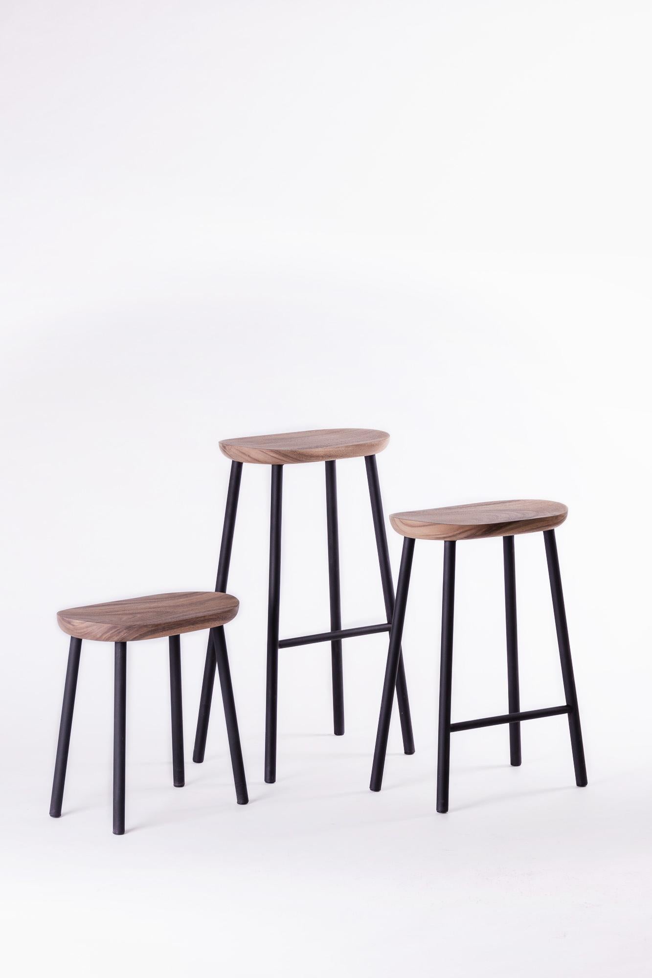 Modern Buacheen, Natural Acacia Wood Bar Stool with Black Powder Coated Iron Legs For Sale