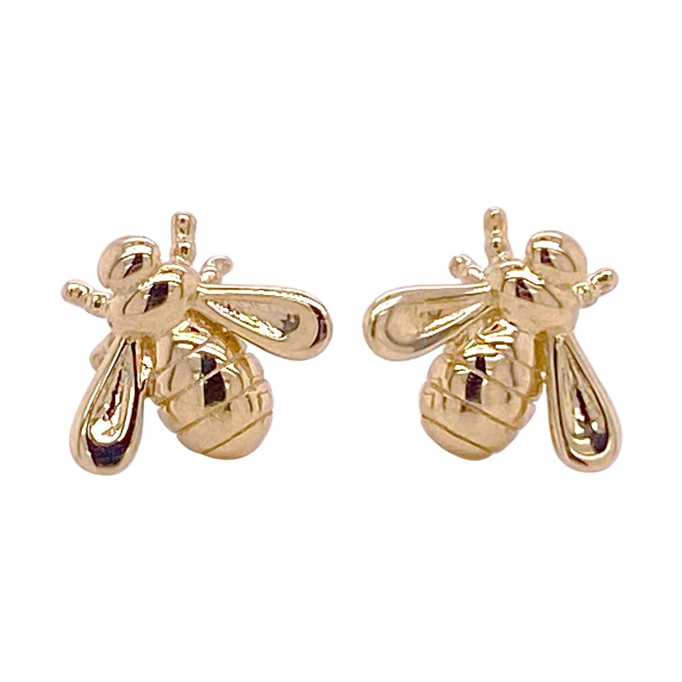 Bumble Bee Earrings, Honeybee Stud Earrings, Yellow Gold, Nature Inspired For Sale