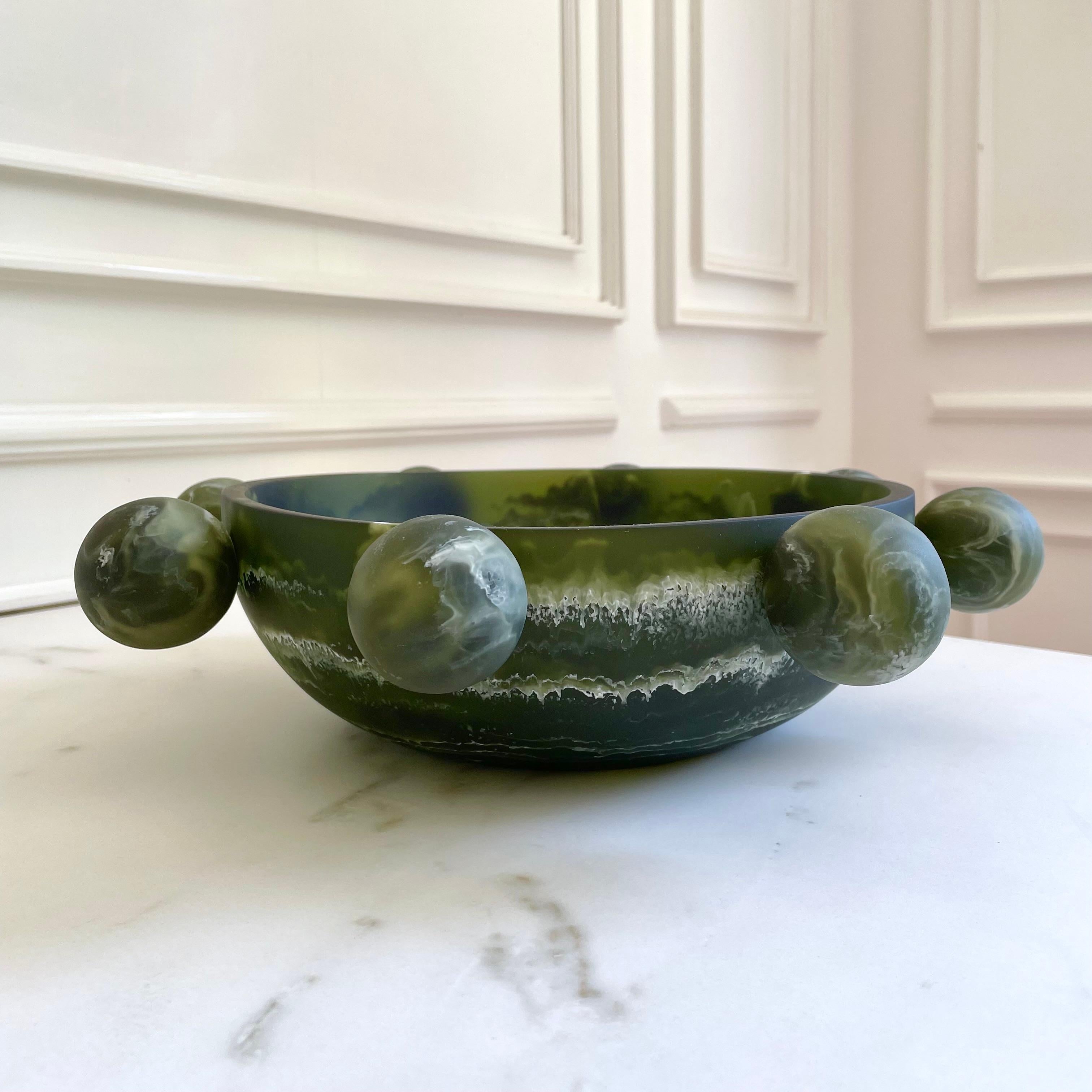 Mexican Bubble Bowl in Marbled Dark Green Resin by Paola Valle For Sale