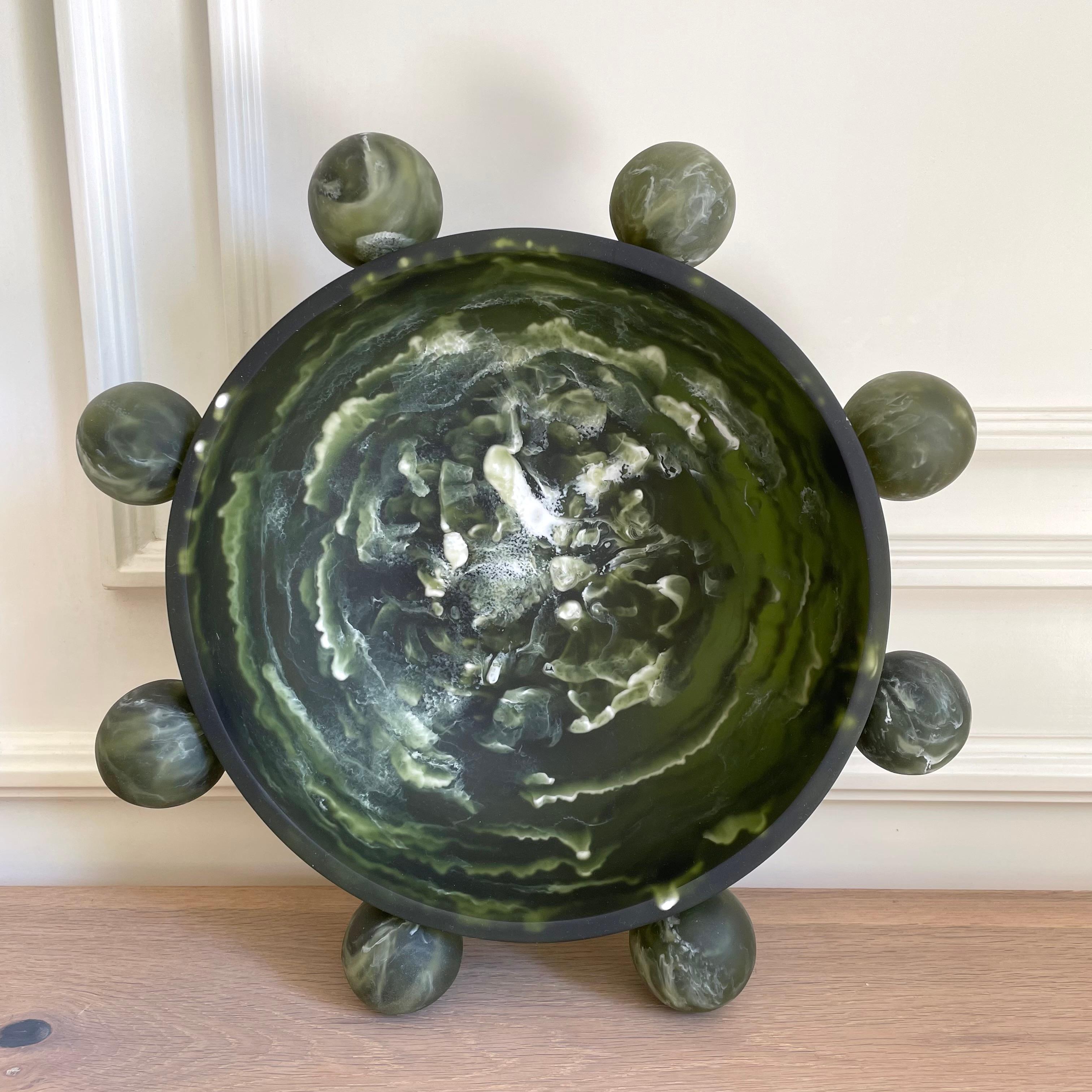 Cast Bubble Bowl in Marbled Dark Green Resin by Paola Valle For Sale