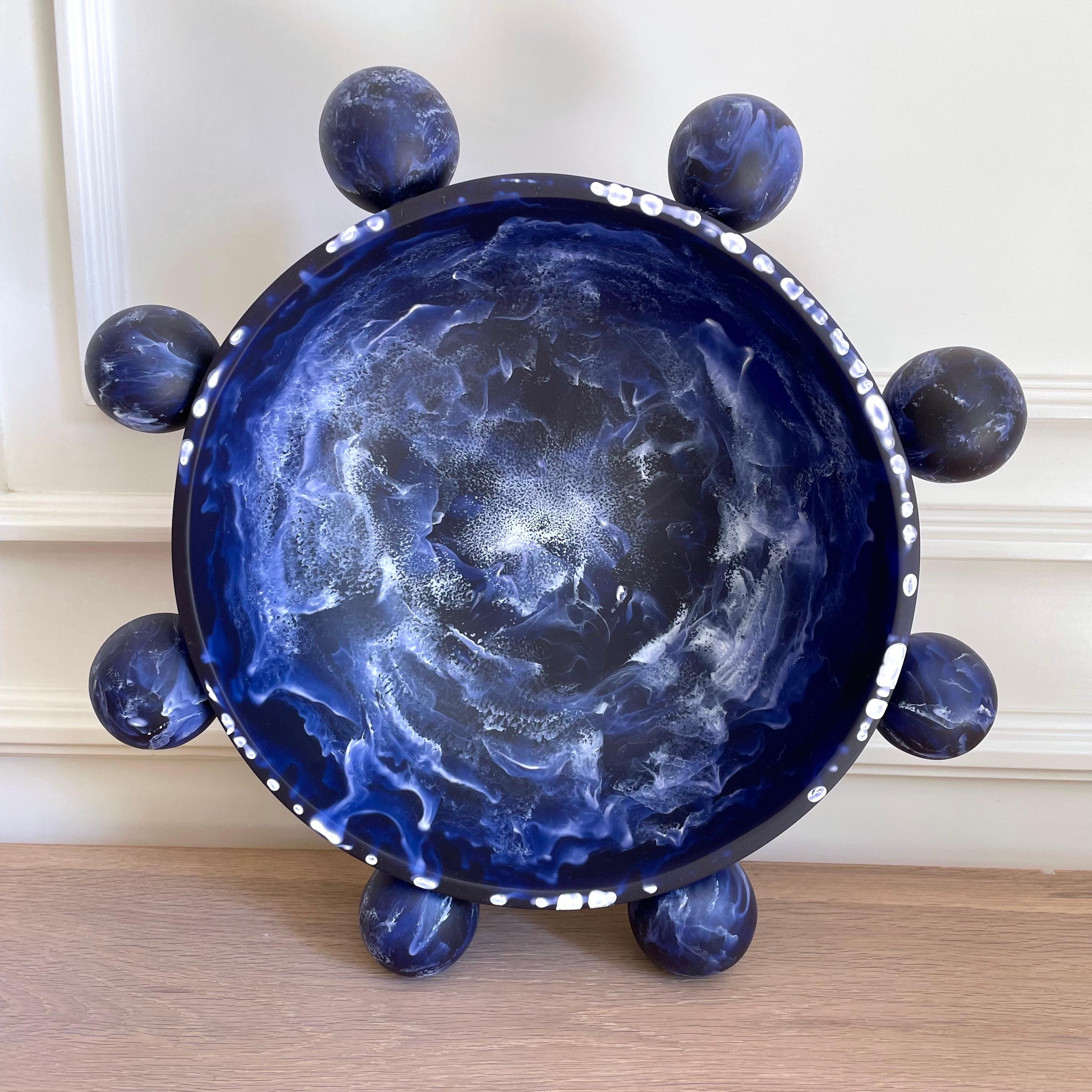 Cast Bubble Bowl in Marbled Navy Blue Resin by Paola Valle For Sale
