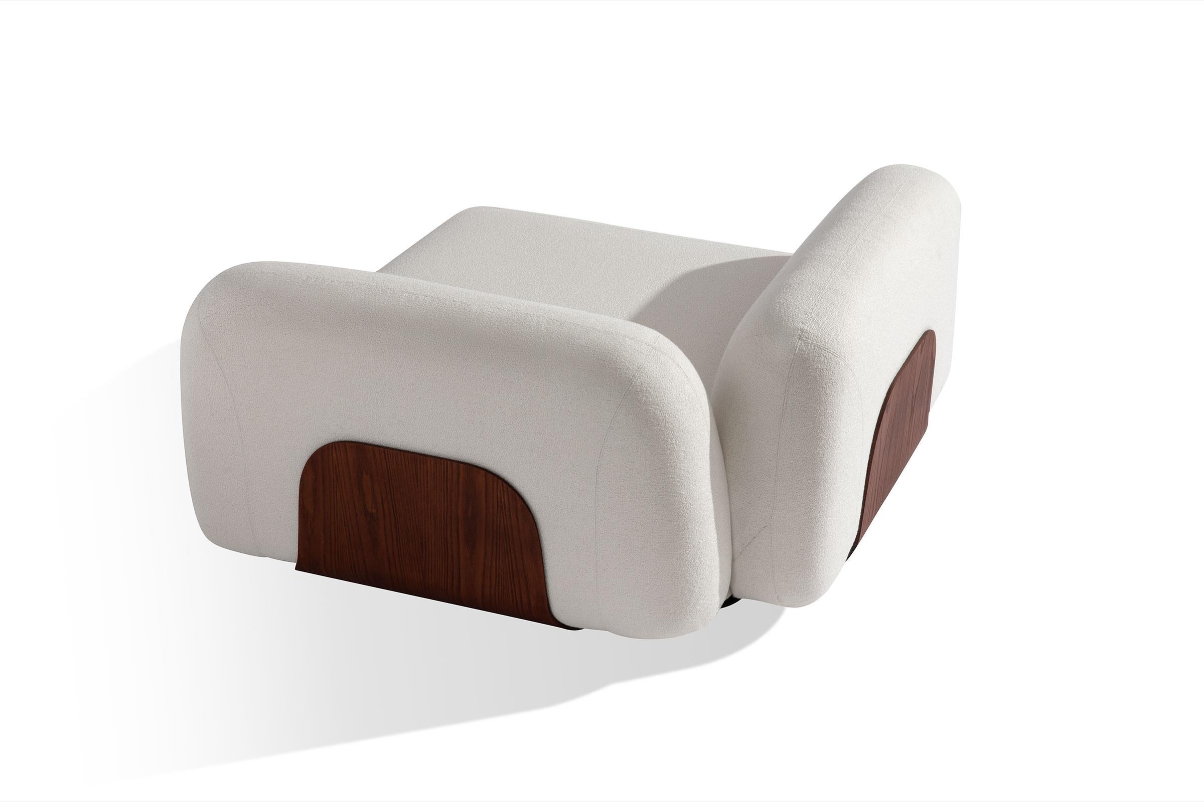 Upholstered sofa corner module with two backrests, with or without curves and wooden base. Structure in EPA certified plywood, fir, hardboard. Padded with open-cell polyurethane and Dacron layers, sprung with elastic straps. Curved in layers of