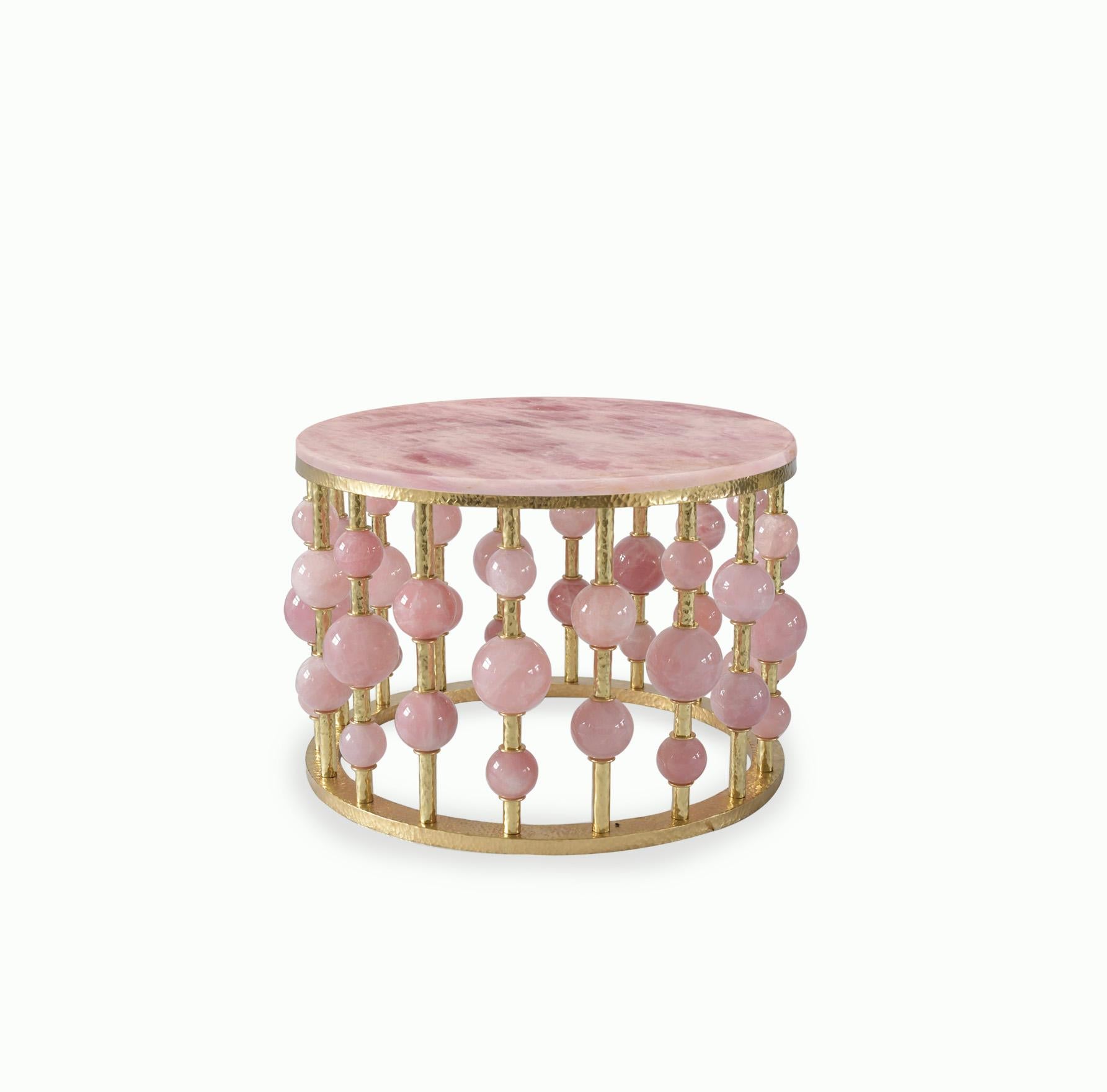 Rose quartz crystal bubble cocktail table with hammered brass frame. Created by Phoenix Gallery, NYC. 
Custom size upon request.