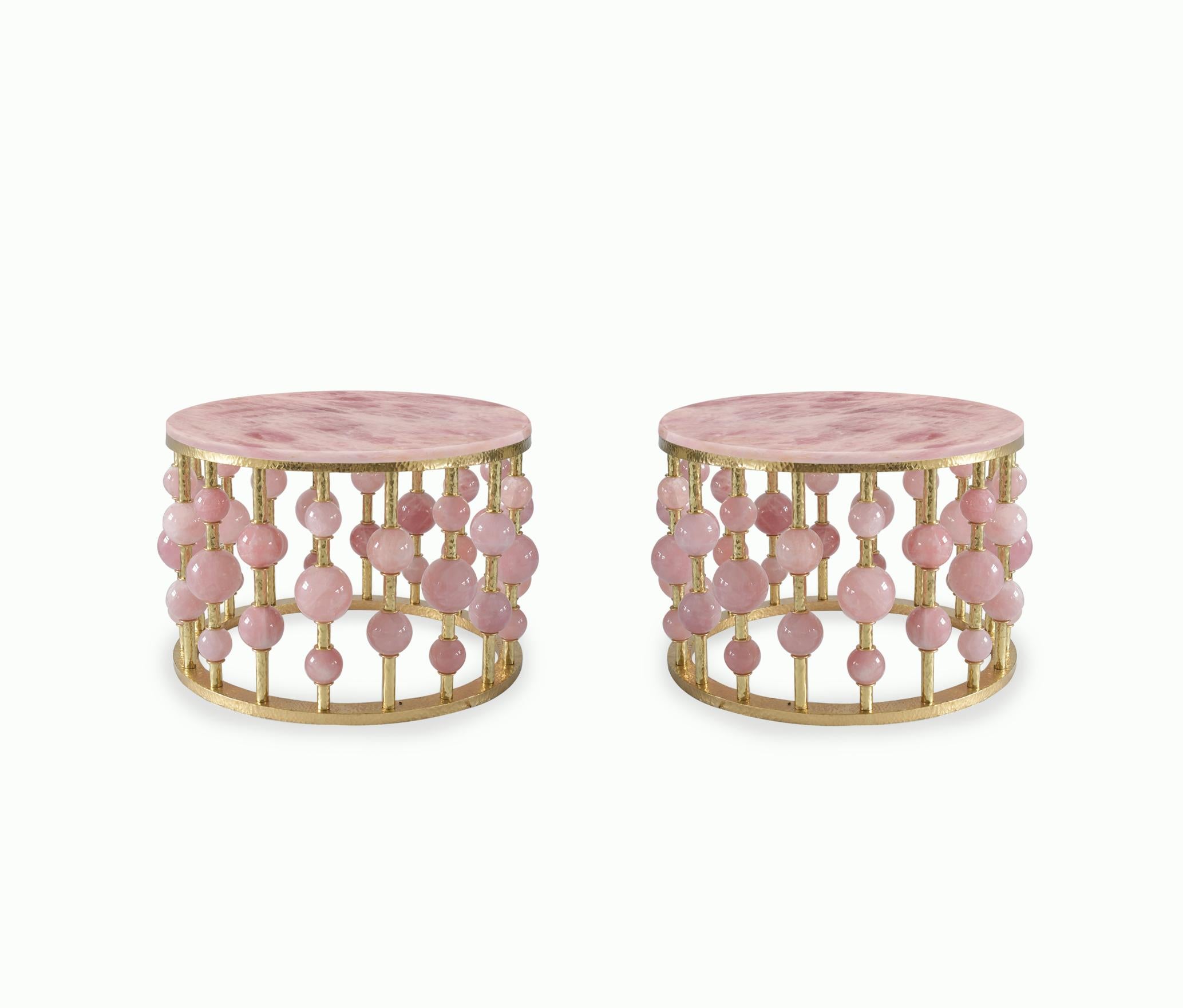 Pair of rose quartz crystal bubble cocktail tables with hammered brass frames. Created by Phoenix Gallery, NYC. 
Custom size and finish upon request.