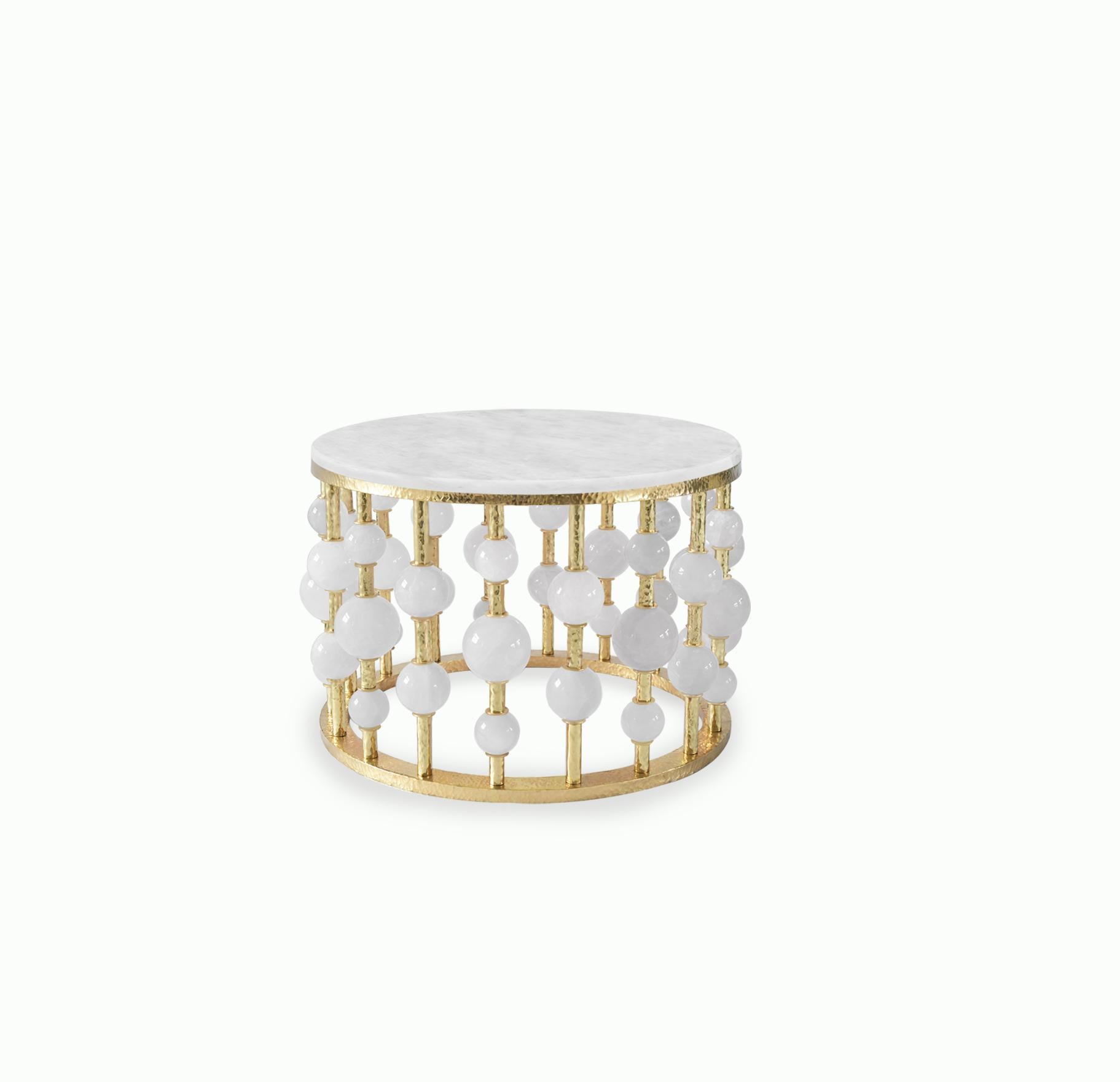 Rock crystal bubble cocktail table with hammered brass frame. Created by Phoenix Gallery, NYC. 
Custom size upon request.