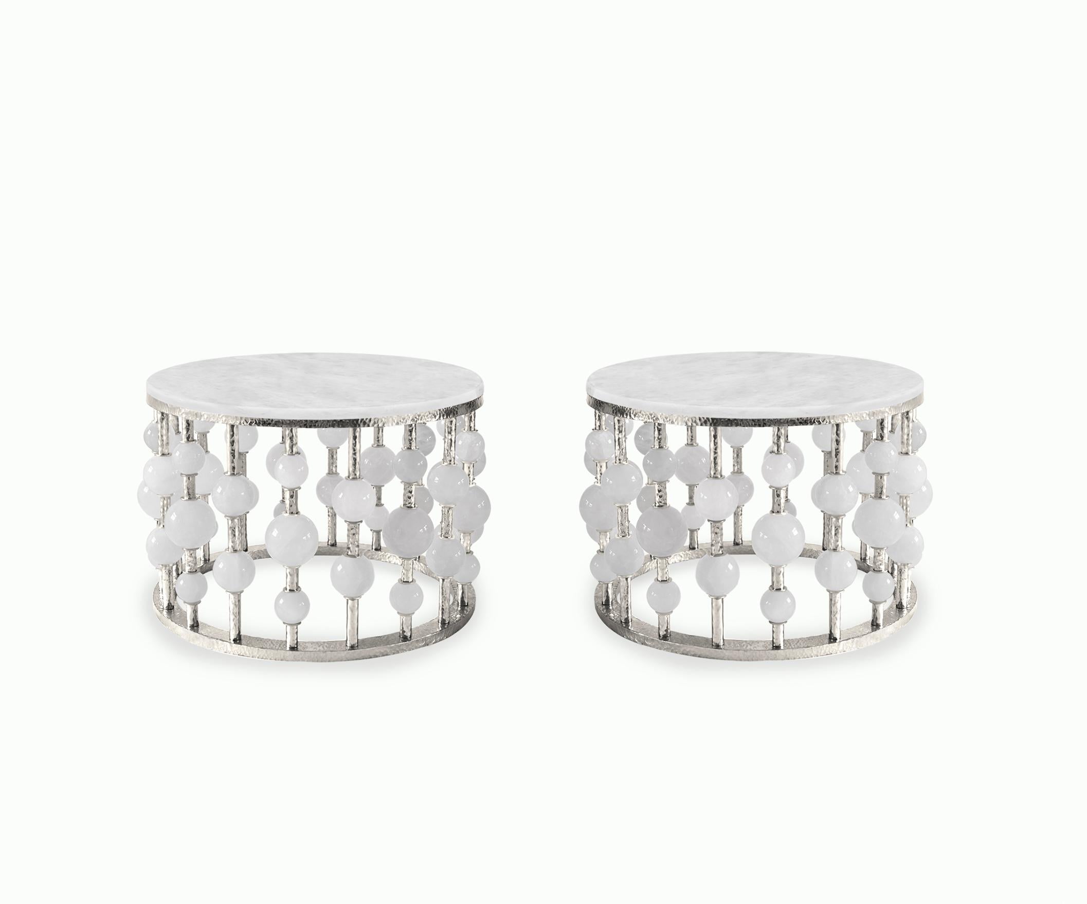 Pair of rock crystal bubble cocktail tables with hammered nickel plating frames. Created by Phoenix Gallery, NYC. 
Custom size and finish upon request.