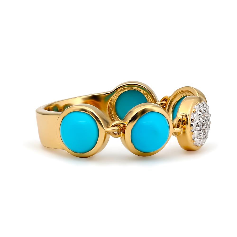 Contemporary Bubble Diamond and Turquoise Flexile Ring, 18 Karat Yellow Gold