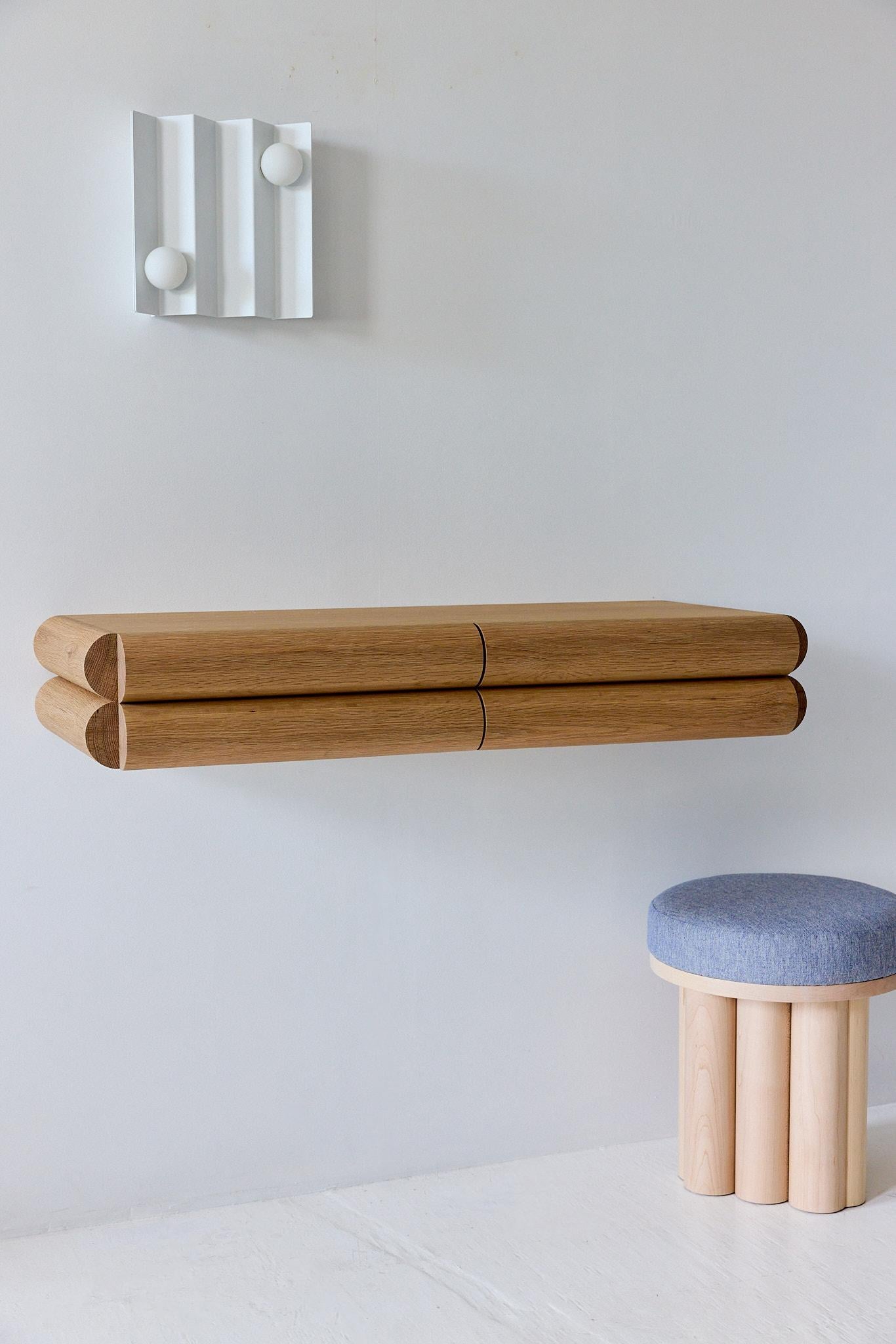 Hand-Crafted Bubble Floating Console (Large) – Modern Wall Mount Oak Entry Console w/ Drawers For Sale