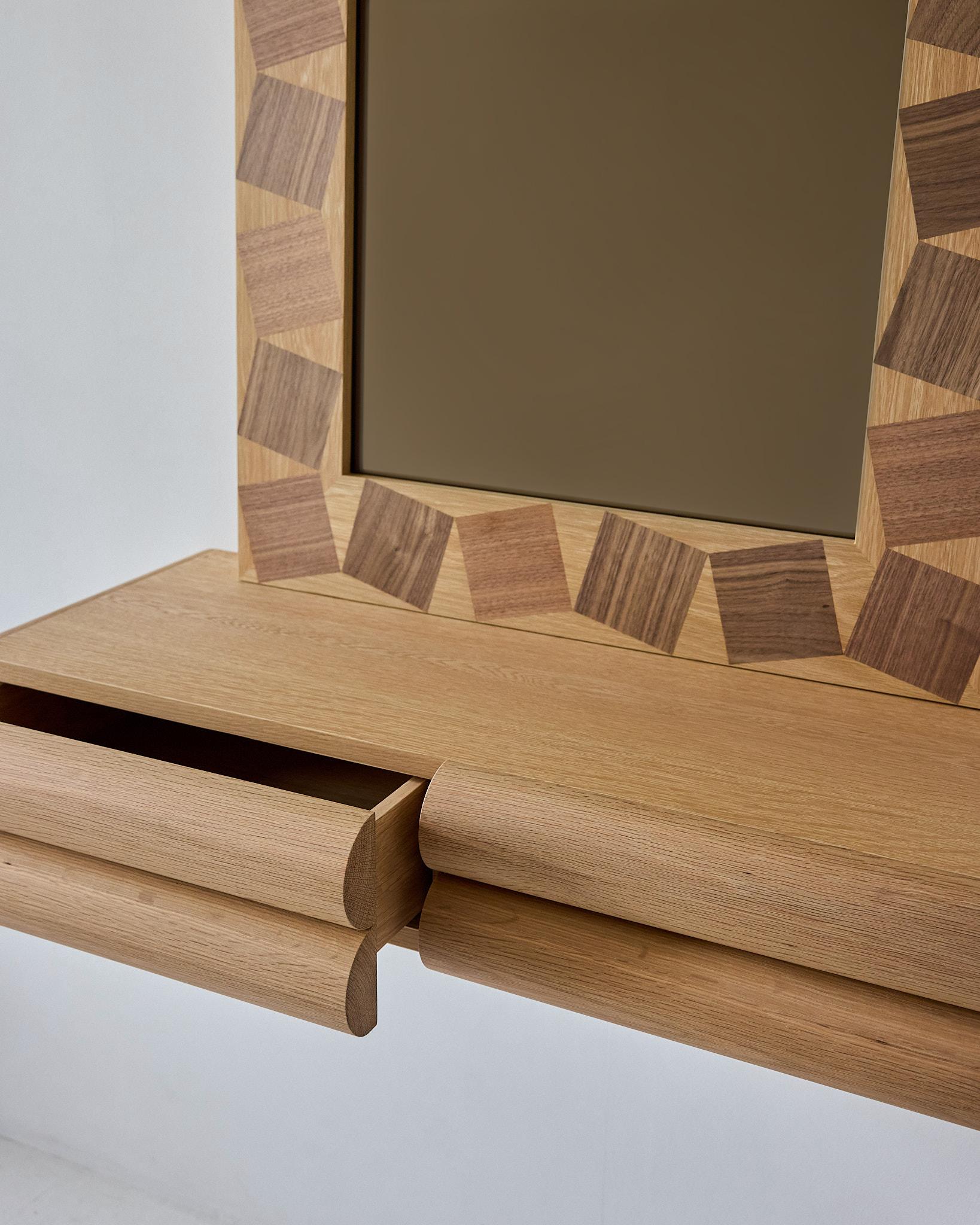 Bubble Floating Console (Large) – Modern Wall Mount Oak Entry Console w/ Drawers For Sale 1