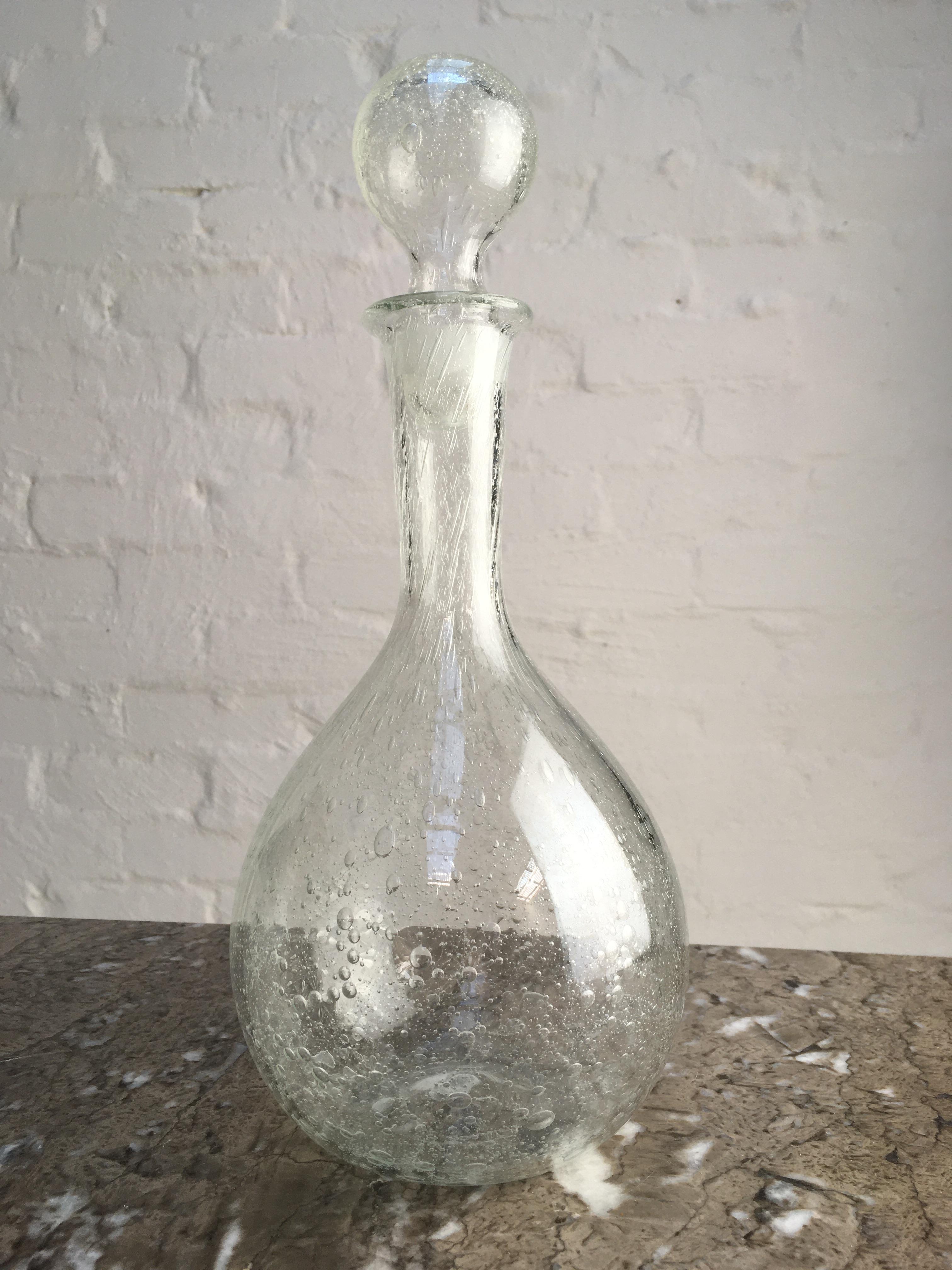 Clear Bubble Glass Decanter Signed Julio Santos 1970s Hand Blown Brutalist In Good Condition For Sale In Melbourne, AU