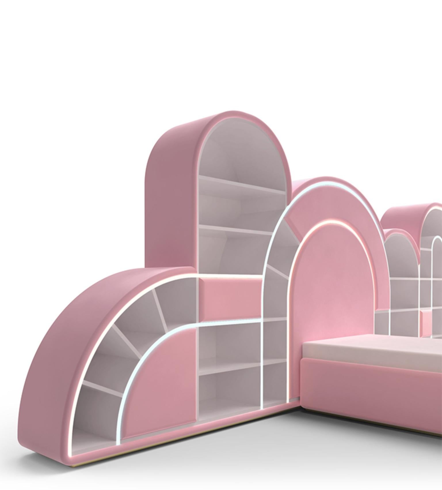Portuguese Bubble Gum Kids Bed in Velvet and LED Light by Circu Magical Furniture For Sale