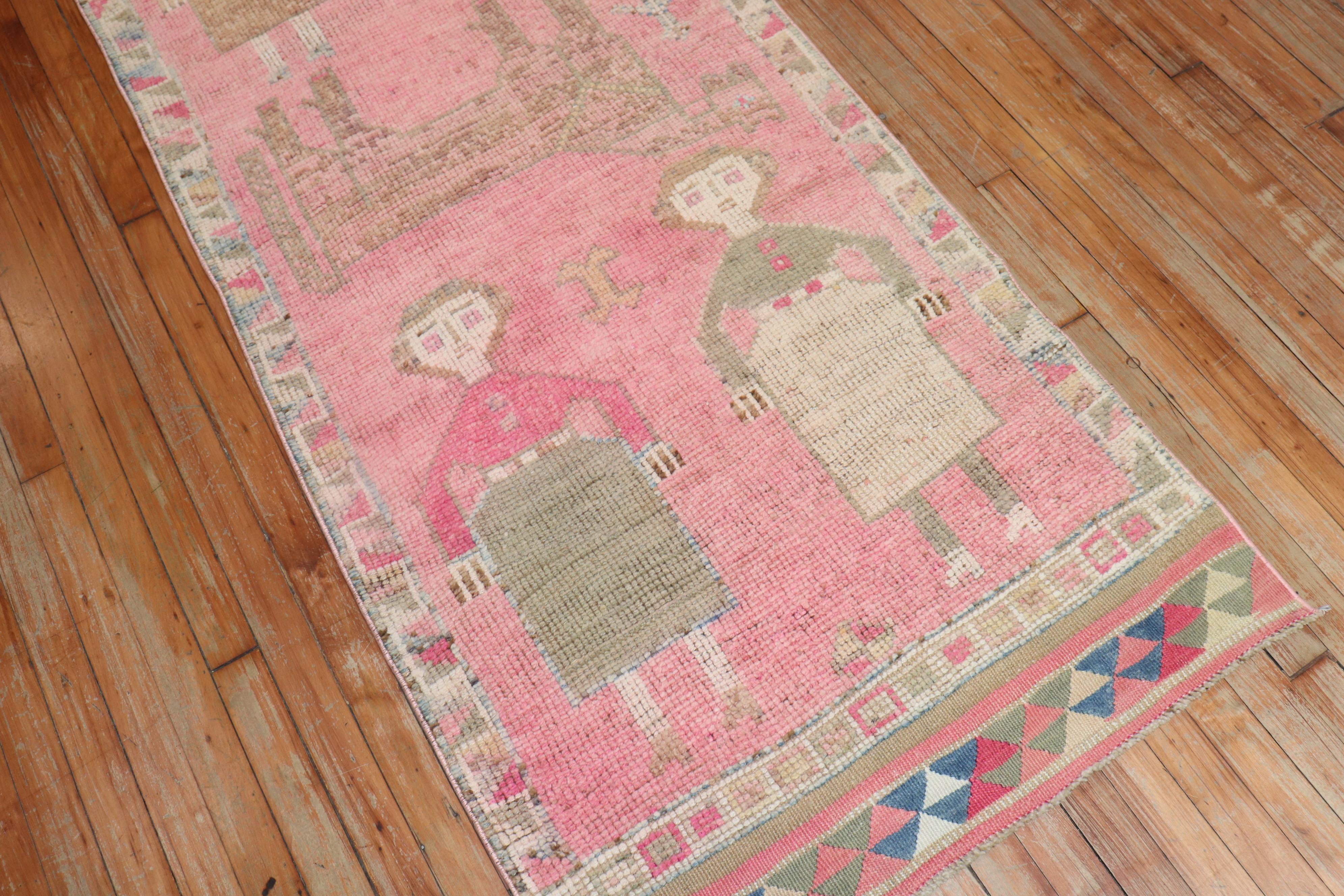 Hand-Woven Bubble Gum Pink Vintage Turkish Pictorial Runner For Sale