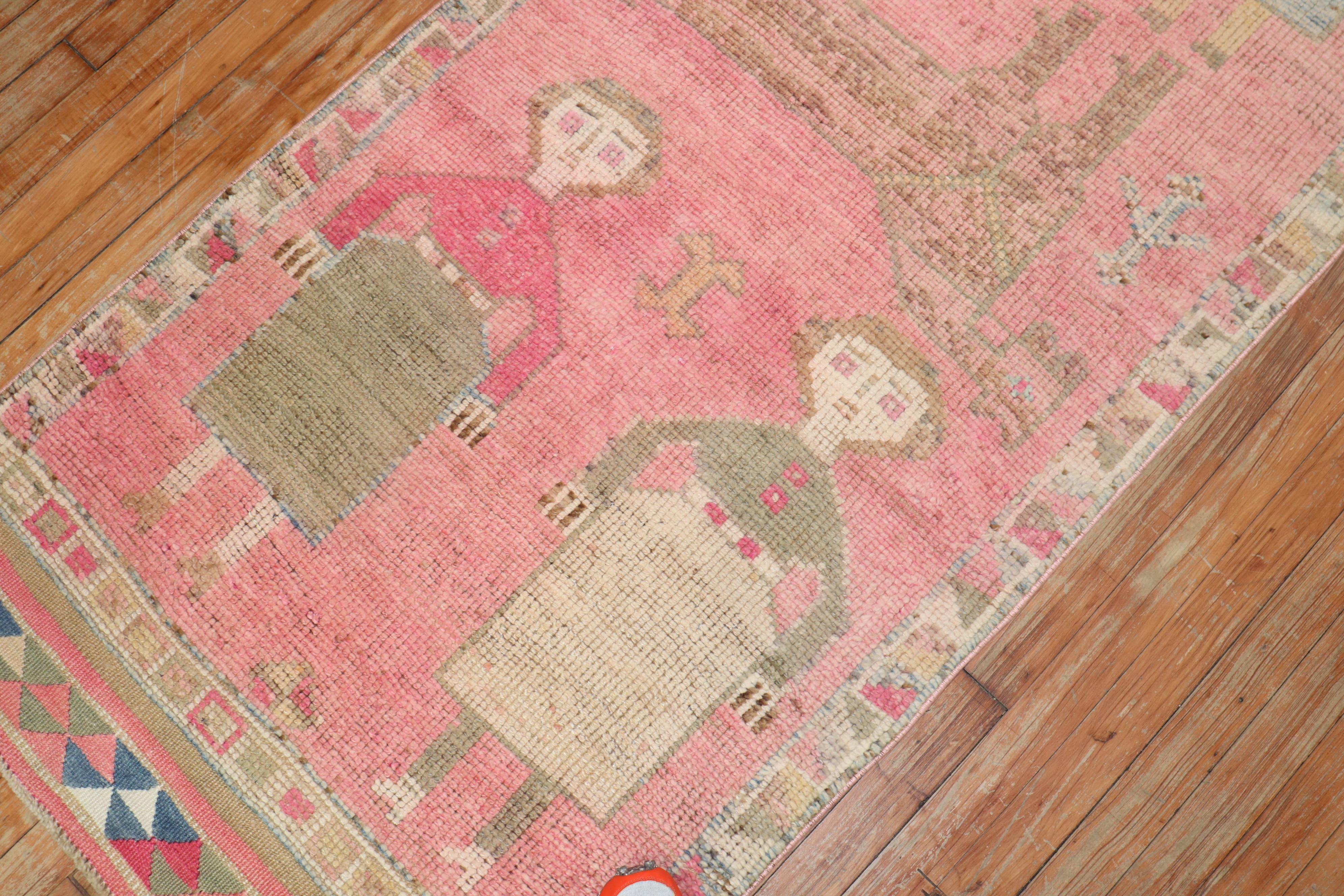 Bubble Gum Pink Vintage Turkish Pictorial Runner In Good Condition For Sale In New York, NY