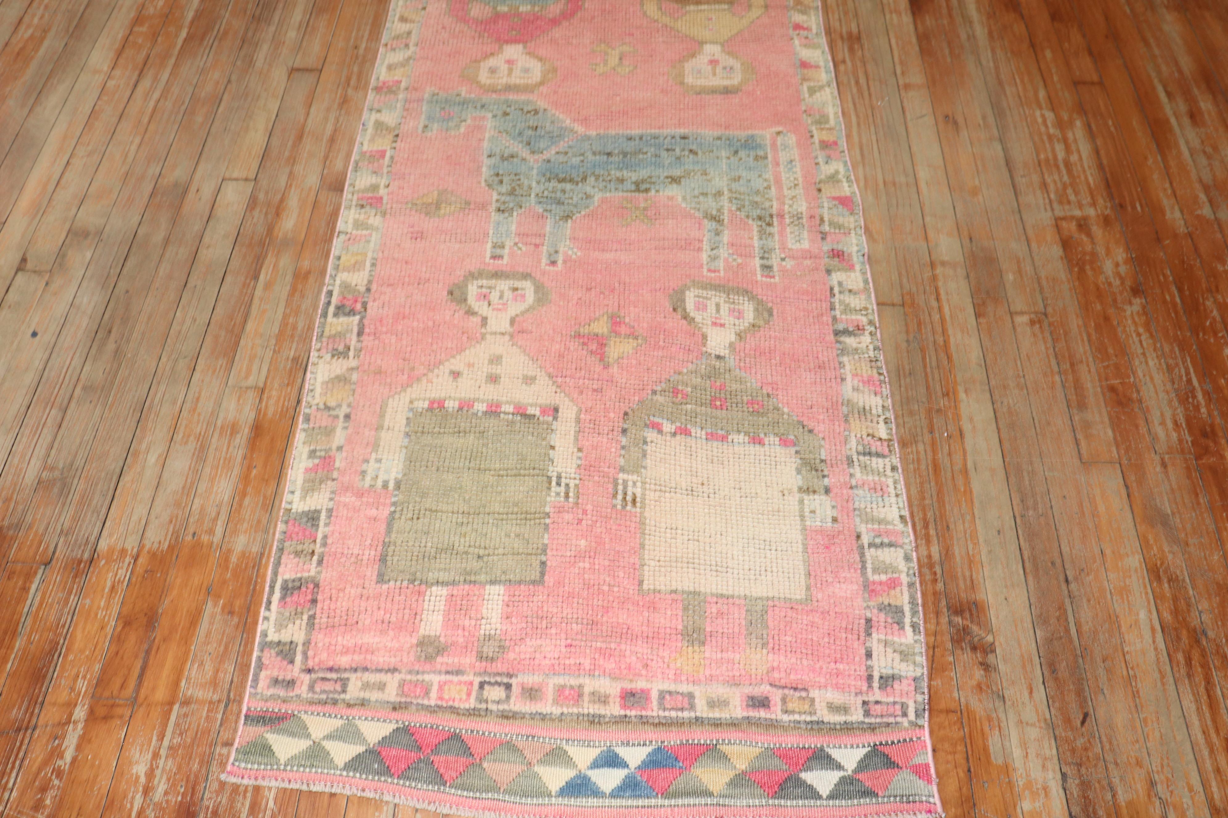 20th Century Bubble Gum Pink Vintage Turkish Pictorial Runner For Sale