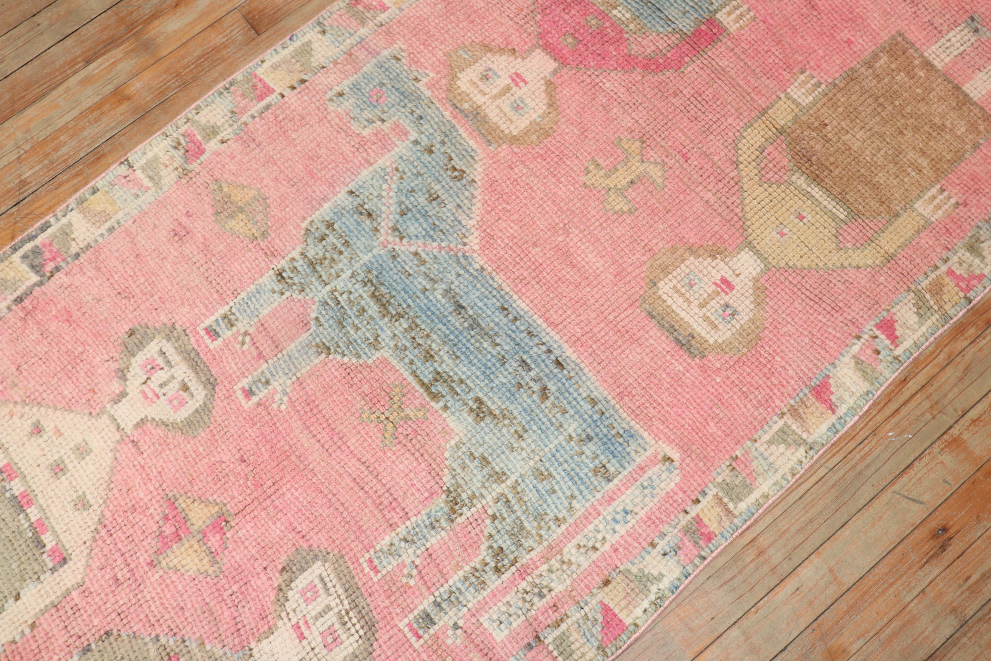 Wool Bubble Gum Pink Vintage Turkish Pictorial Runner For Sale
