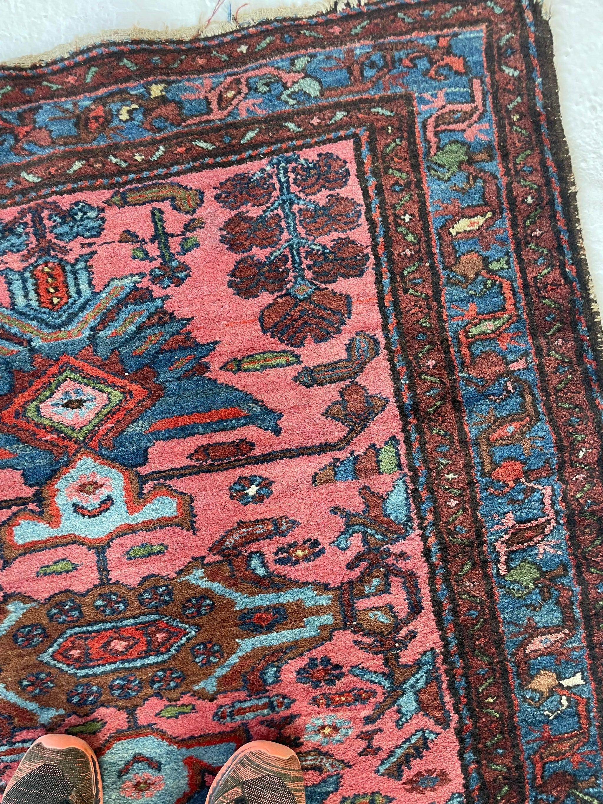 Gorgeous Bubble Gum - Salmon Pink with Ice Blue & Olive Green, Browns, Etc

Size: 3.11 x 6.6
Age: Semi-Antique, C. 1940
Pile: Low / Medium plush pile in nearly mint condition

This rug is one-of-a-kind, only one in the world, no others are