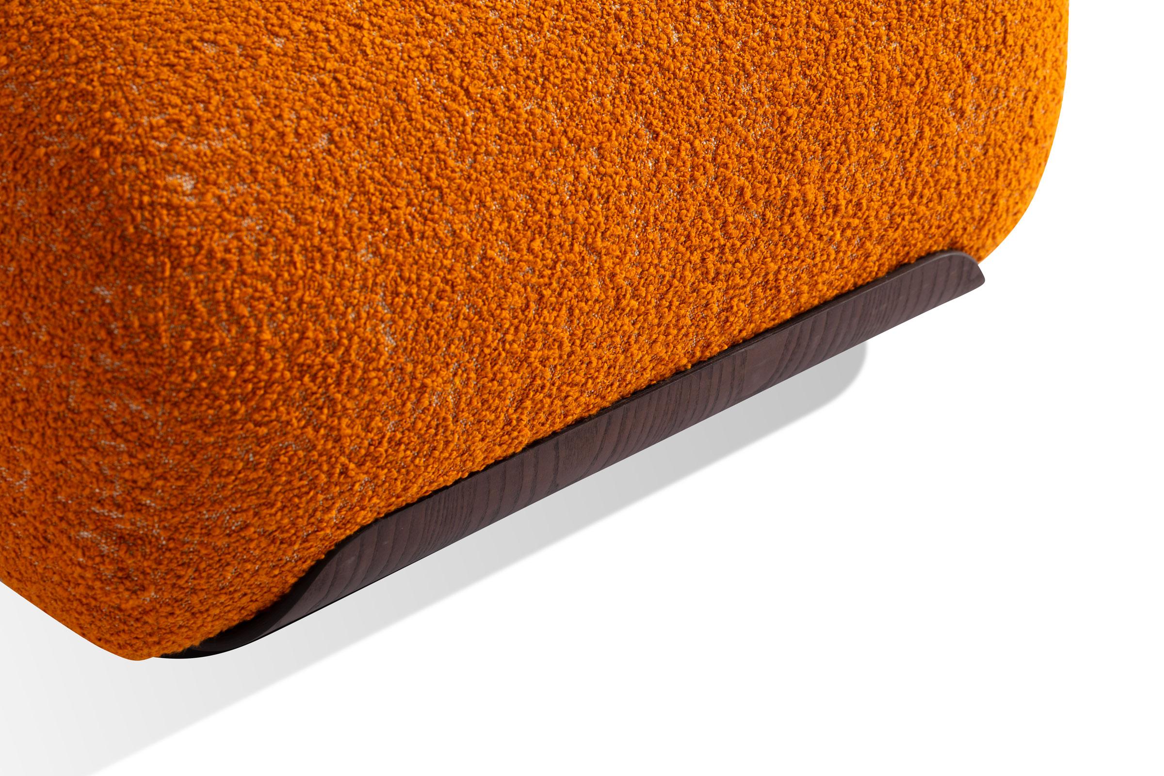 Single pouf / upholstered sofa module with or without curves and wooden base. Structure in EPA certified plywood, fir, hardboard. Padded with open-cell polyurethane and Dacron layers, sprung with elastic straps. Curved in layers of ash-veneered