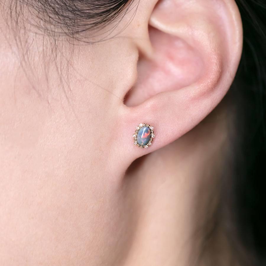 Arts and Crafts Bubble Tea Design Black Opal Diamond Stud Earrings 18K Yellow Gold