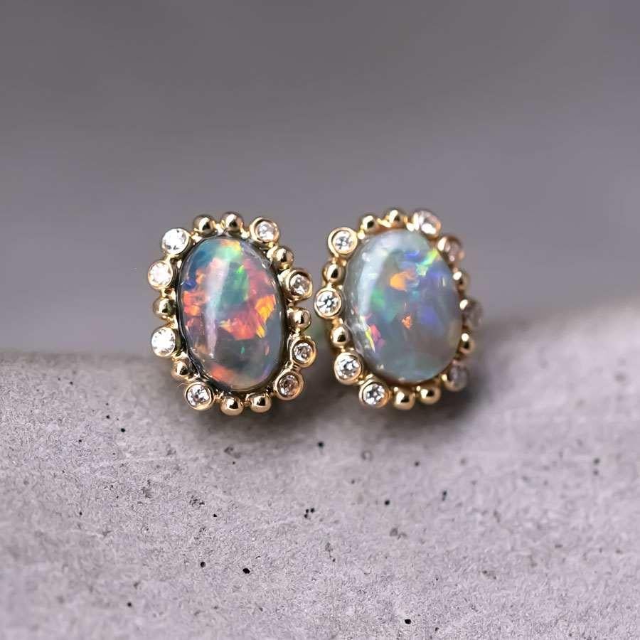 Brilliant Cut Bubble Tea Design Black Opal Diamond Stud Earrings 18K Yellow Gold
