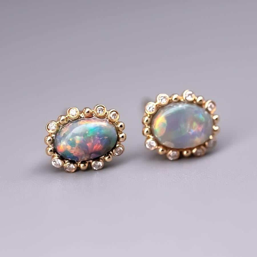 Bubble Tea Design Black Opal Diamond Stud Earrings 18K Yellow Gold In New Condition In Suwanee, GA