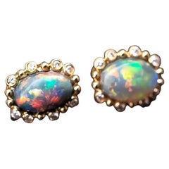 Bubble Tea Design Black Opal Diamond Stud Earrings 18K Yellow Gold