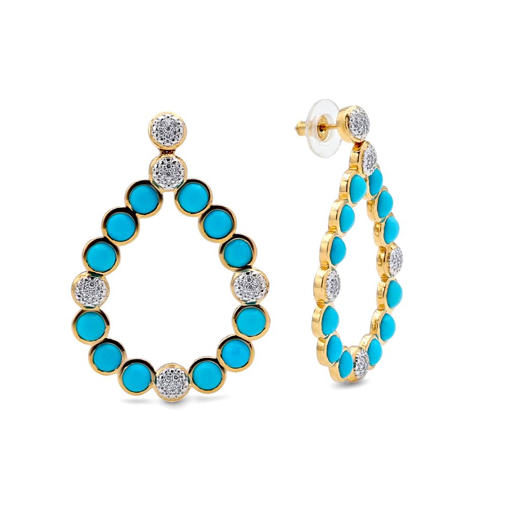 Contemporary Bubble Teardrop Diamond and Turquoise Earrings, 18 Karat Yellow Gold