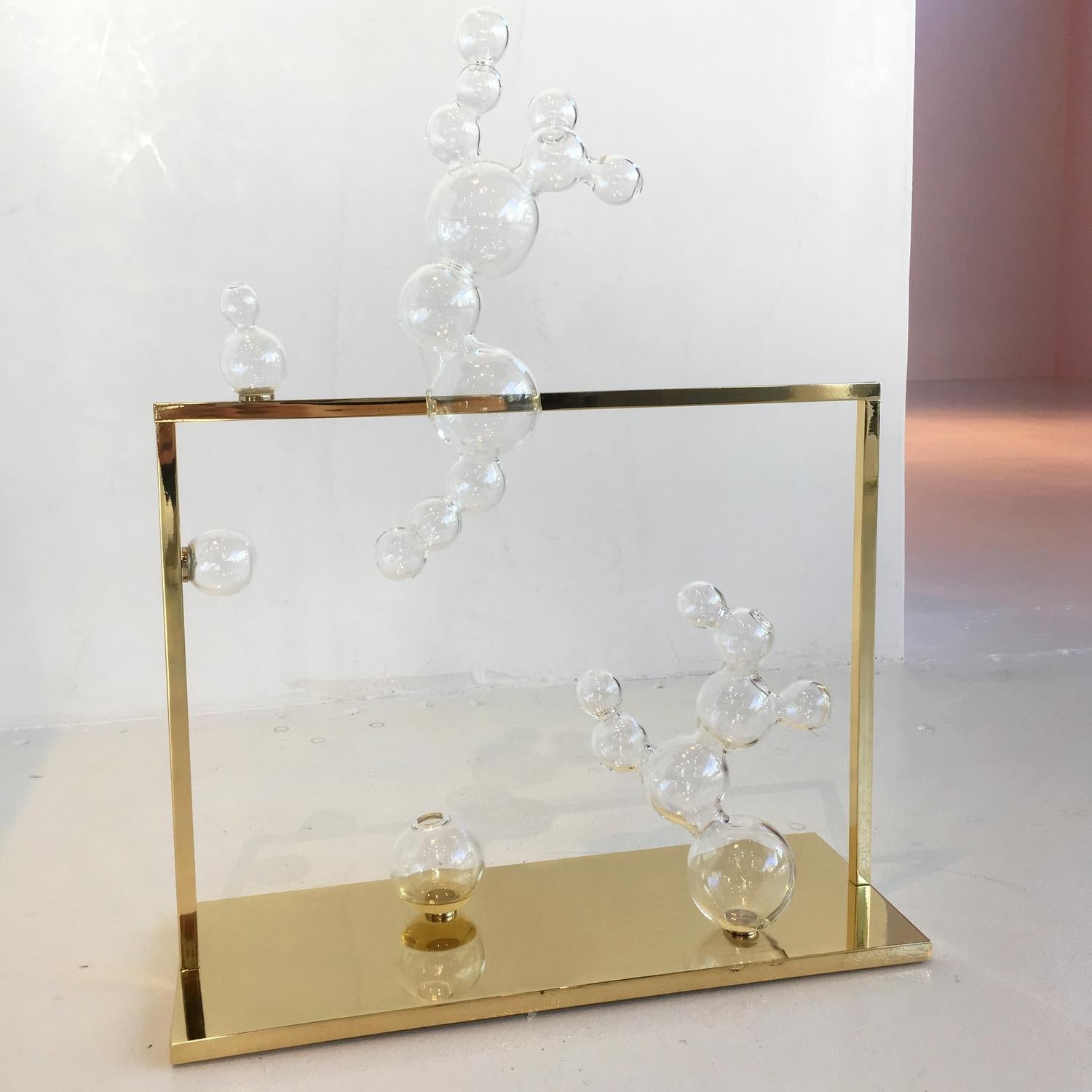 Modern Bubble Vase Glass Sculpture Large with Brass Frame, Made in Italy For Sale