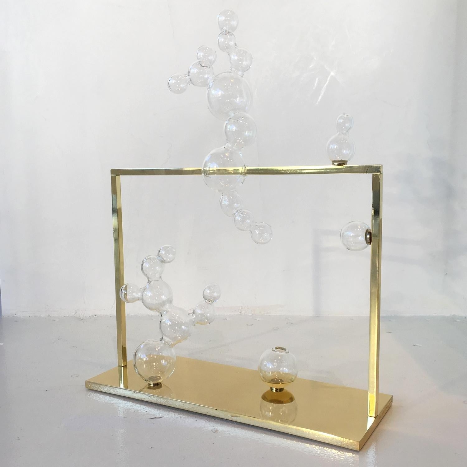 Italian Bubble Vase Glass Sculpture Large with Brass Frame, Made in Italy For Sale