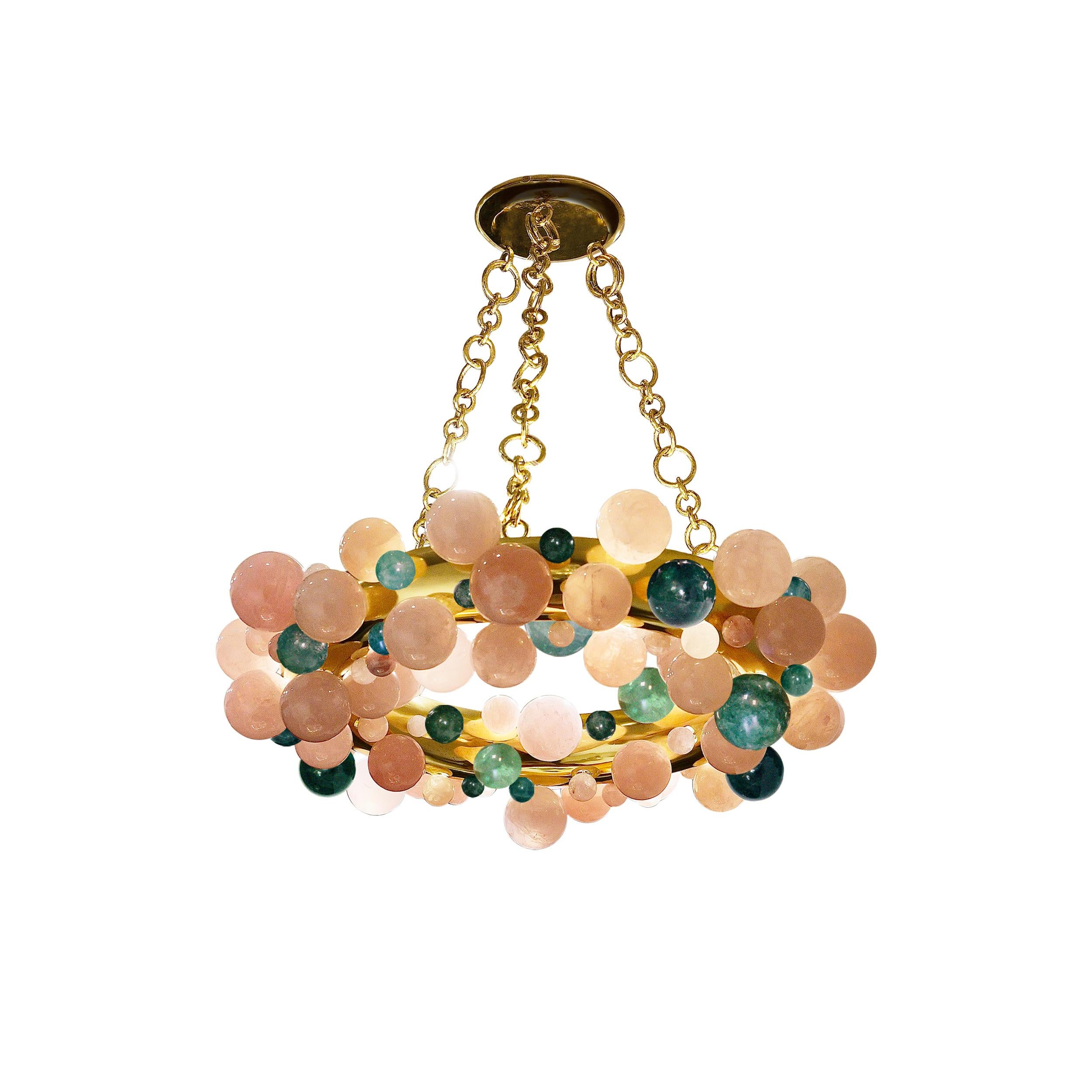 Cherry blossom rock crystal bubble chandelier with polish brass frame. 
Created by Phoenix Gallery, NYC.
Each chandelier install 24sockets. Use 60W LED warm light bulbs. 
Custom size and metal finish upon request.