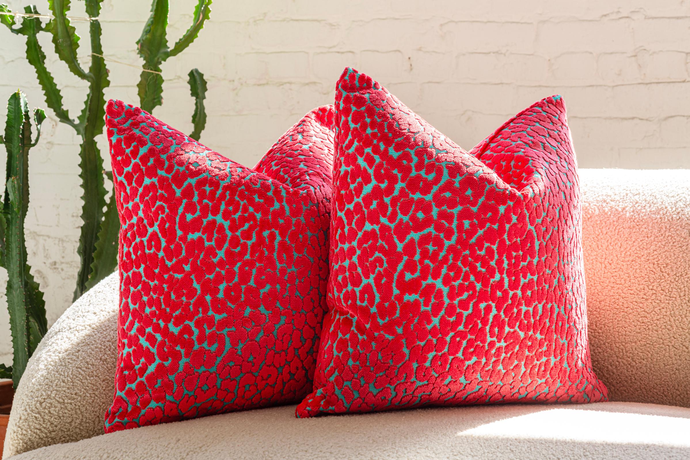 Modern Bubblegum Leopard Velvet Throw Pillows by Nicholas Wolfe For Sale