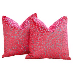 Bubblegum Leopard Velvet Throw Pillows by Nicholas Wolfe