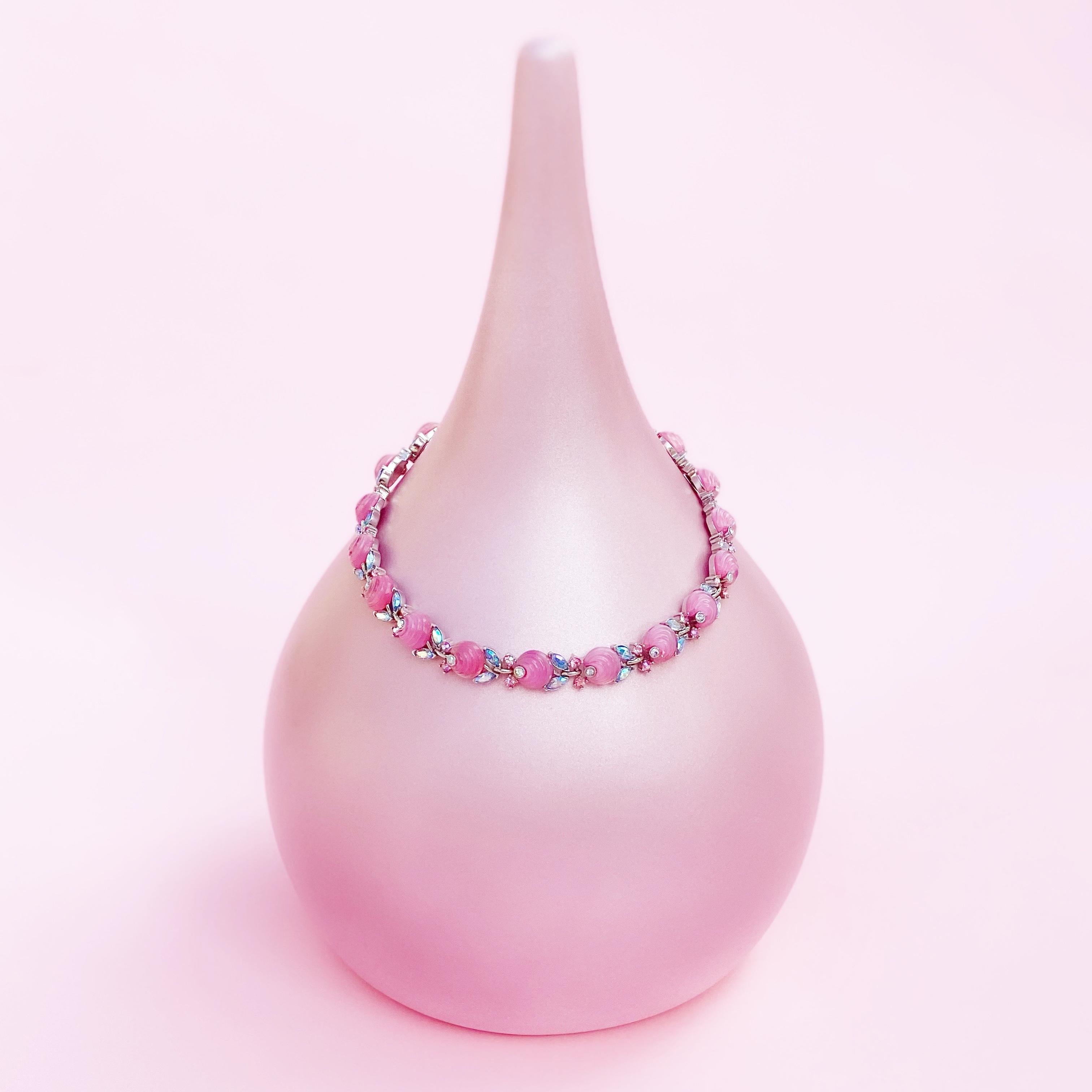Modern Bubblegum Pink Molded Glass Choker Necklace w AB Rhinestones By Trifari, 1960s