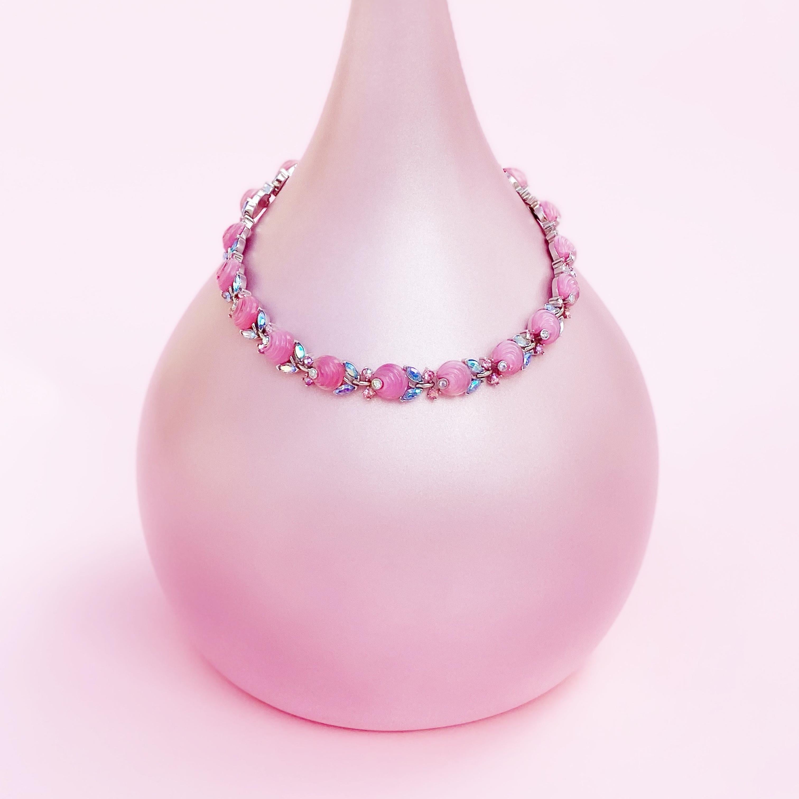 Bubblegum Pink Molded Glass Choker Necklace w AB Rhinestones By Trifari, 1960s In Good Condition In McKinney, TX